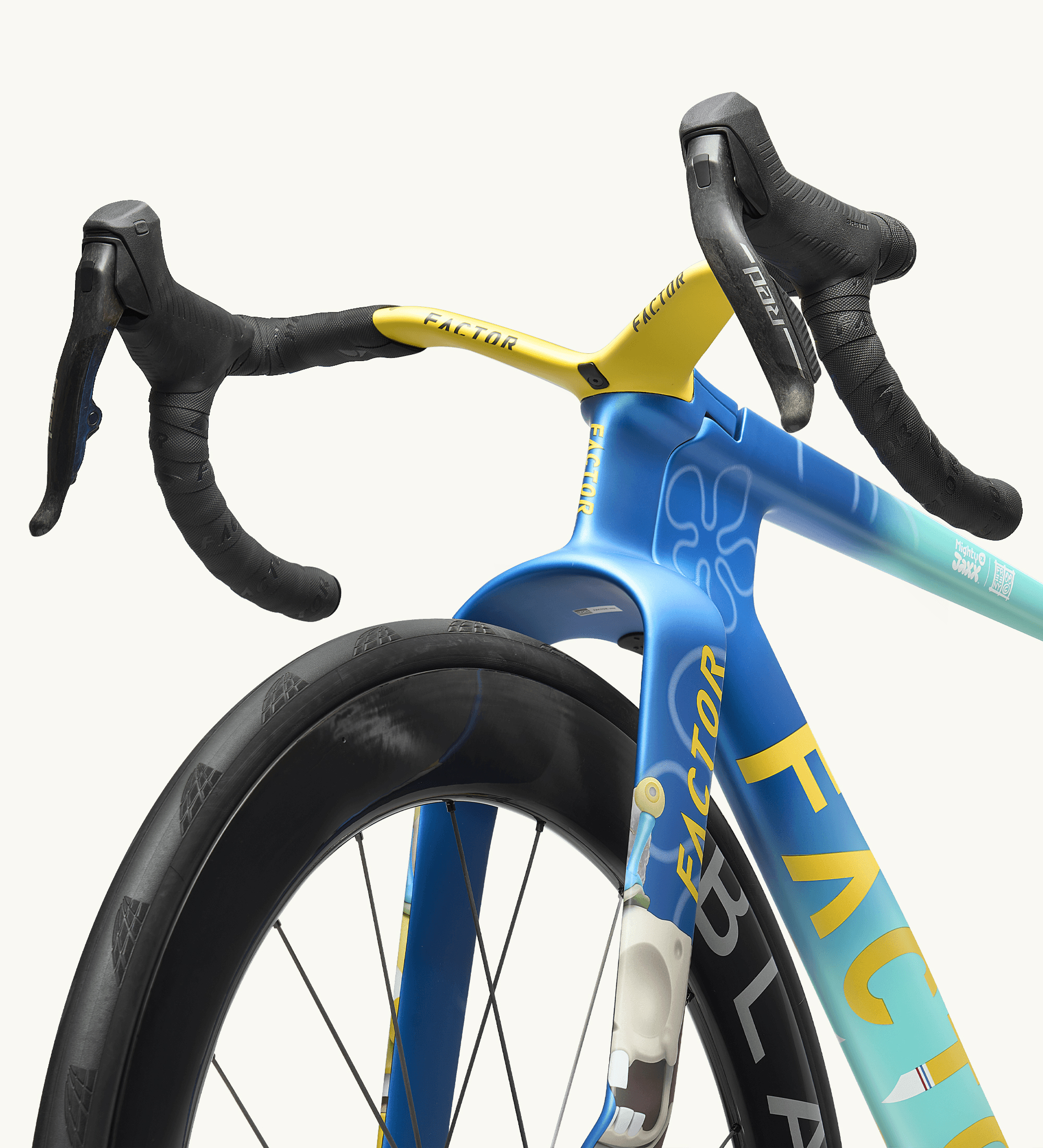 From below, close-up view of the Factor ONE SpongeBob Edition’s front end looking at the bayonet fork and gull wing barstem.