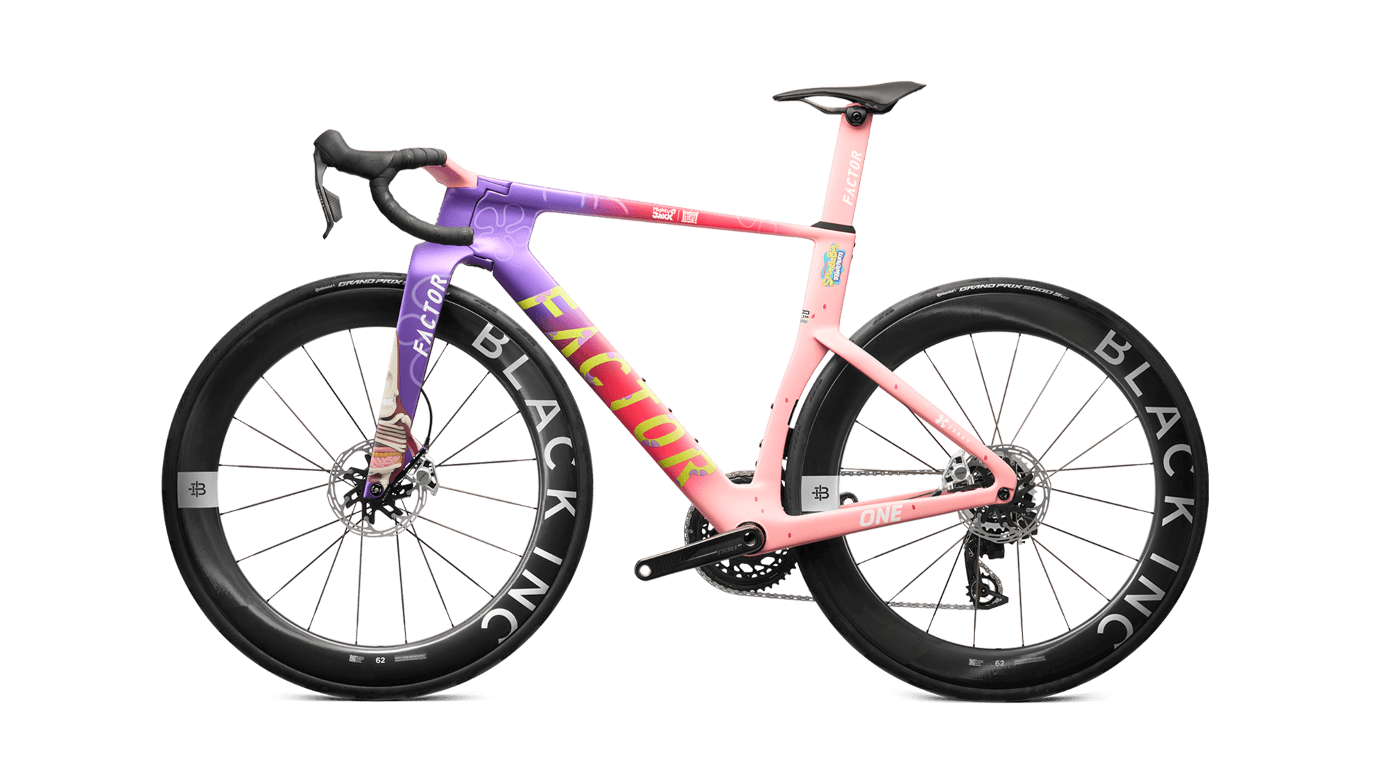Non-drivetrain side view of the Factor ONE Patrick Star Edition equipped with SRAM Red and Black Inc 62 wheels.

