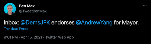 Tweet of JFK Dems endorsement of Andrew Yang 
