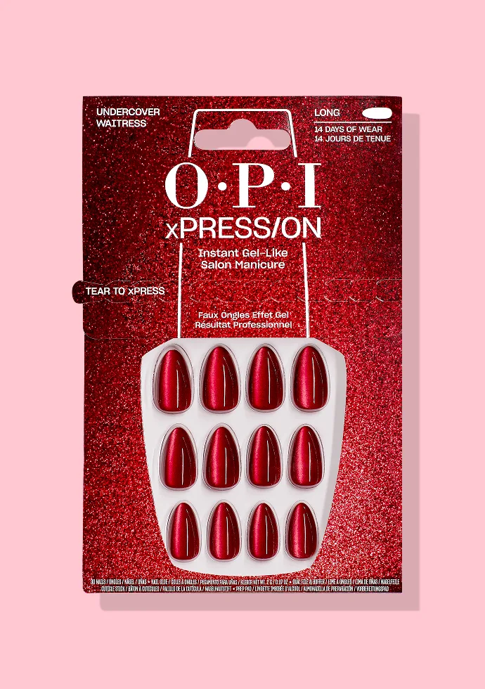 Undercover Waitress: Iconic red press-on nails with a magnetic cat eye effect
