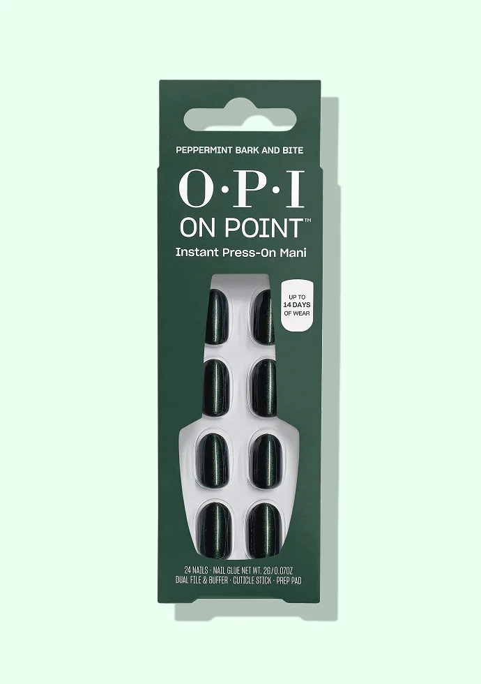 Peppermint Bark and Bite: Shimmery forest green press-on nails with up to 14 days of wear