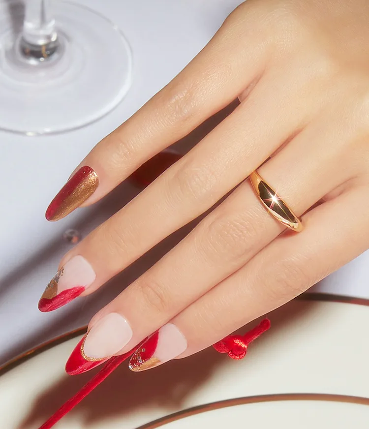 Red-y for Gold Holiday Tipped Nail Art Look