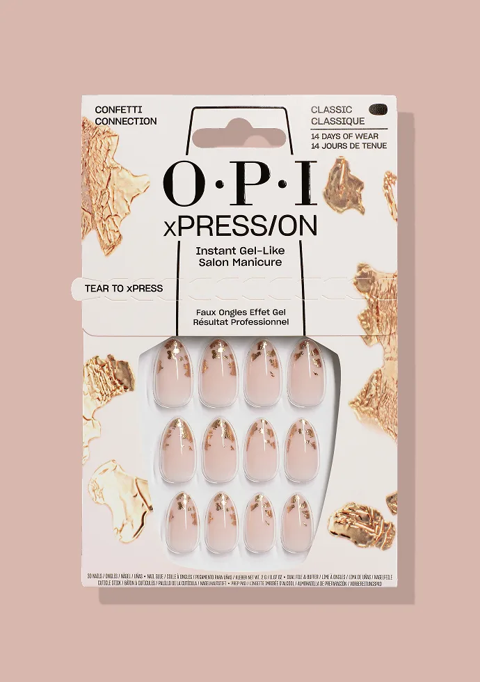 Confetti Connection: Neutral gold leaf-adorned press-on nails from xPRESS/ON