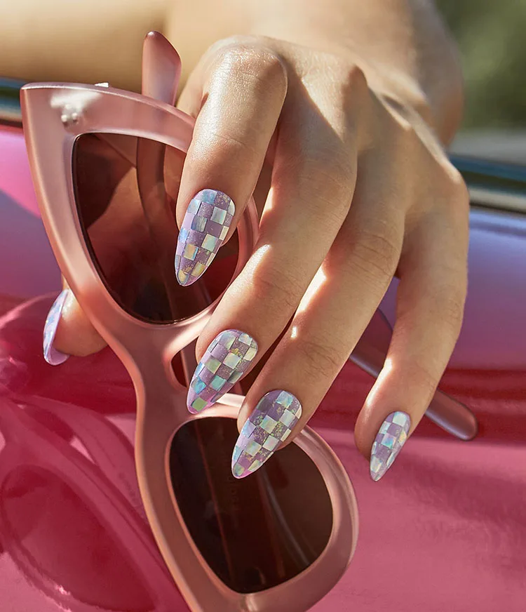 Pixels Unlocked Spring Holographic Checkered Nail Art Look