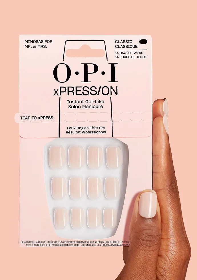 Get a classic neutral mani with Mimosas for Mr. and Mrs. in OPI xPRESS/On press-on nails