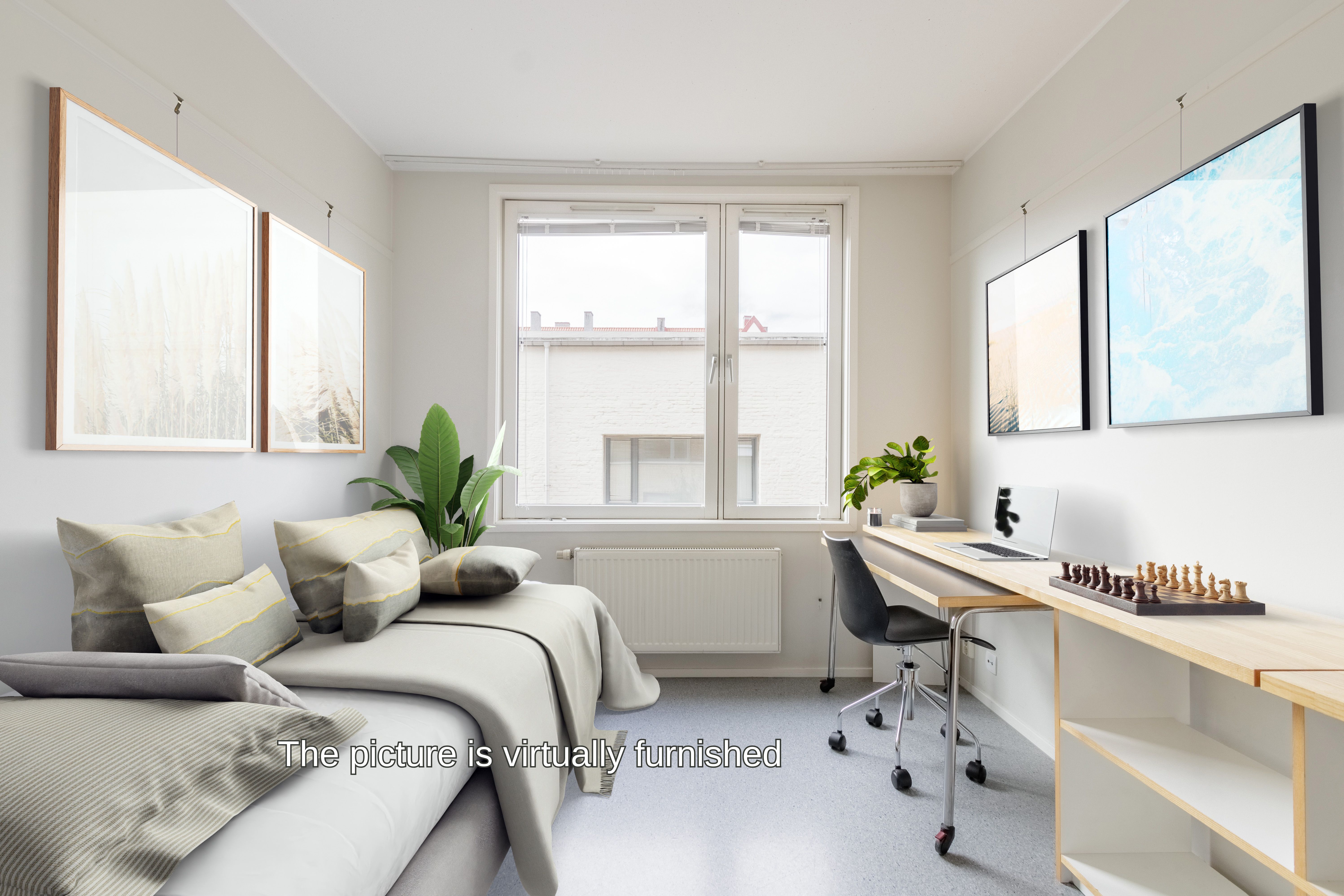 Dette er et eksempelbilde av et møblert rom med seng, skrivebord, stol og hyller som er digitalt stylet.