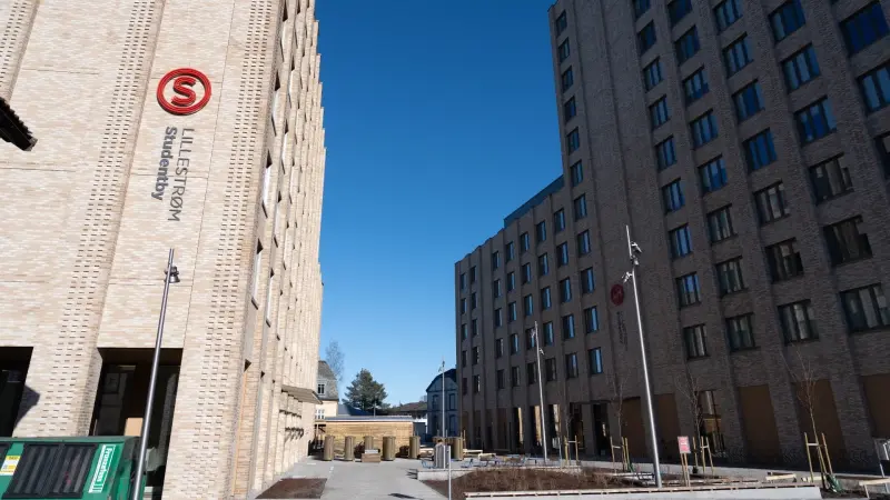 Et bilde av Lillestrøm Studentby. Bildet viser to grå høyblokker som står ved siden av hverandre. 