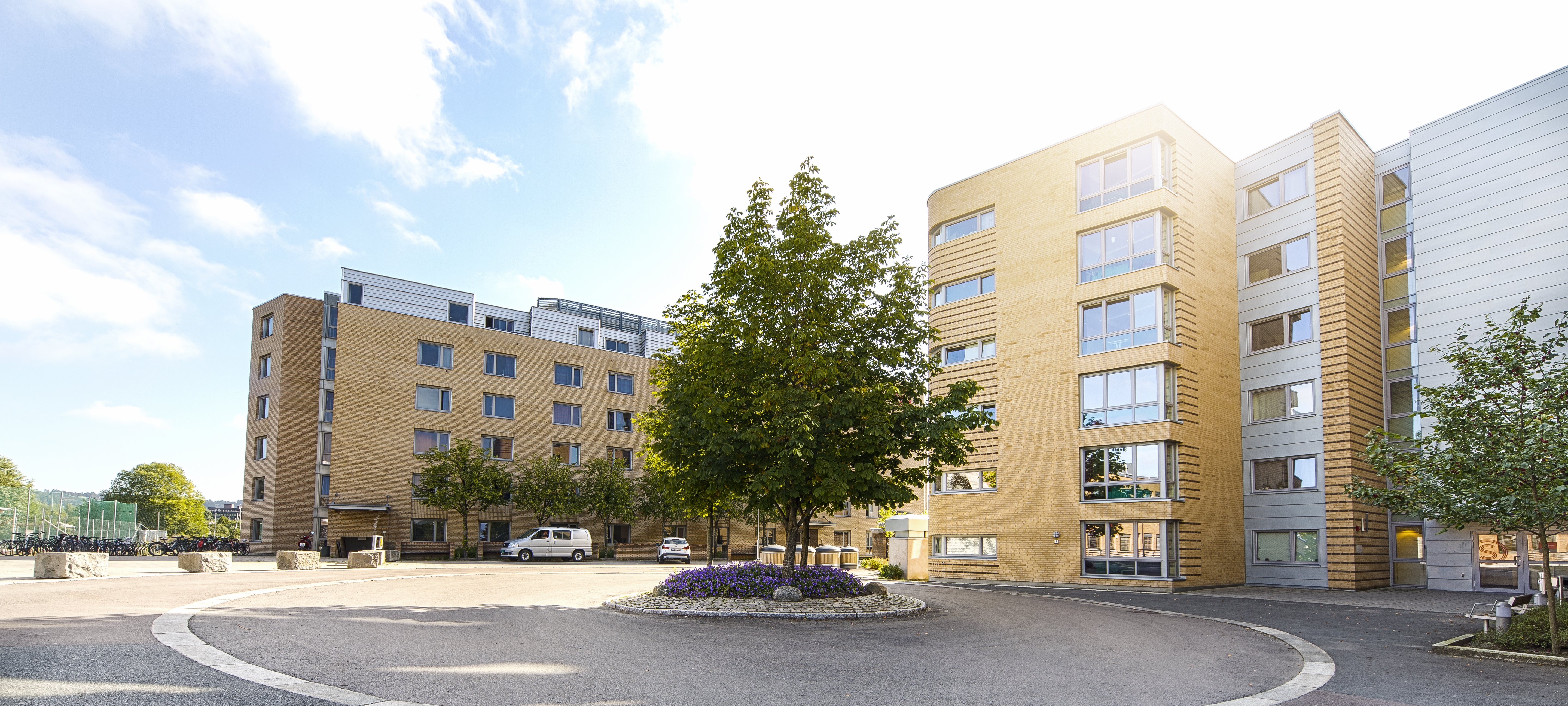 A picture of Vestgrensa Student Village. The picture shows low buildings in yellow brick. Between the buildings, there is a roundabout with a tree.