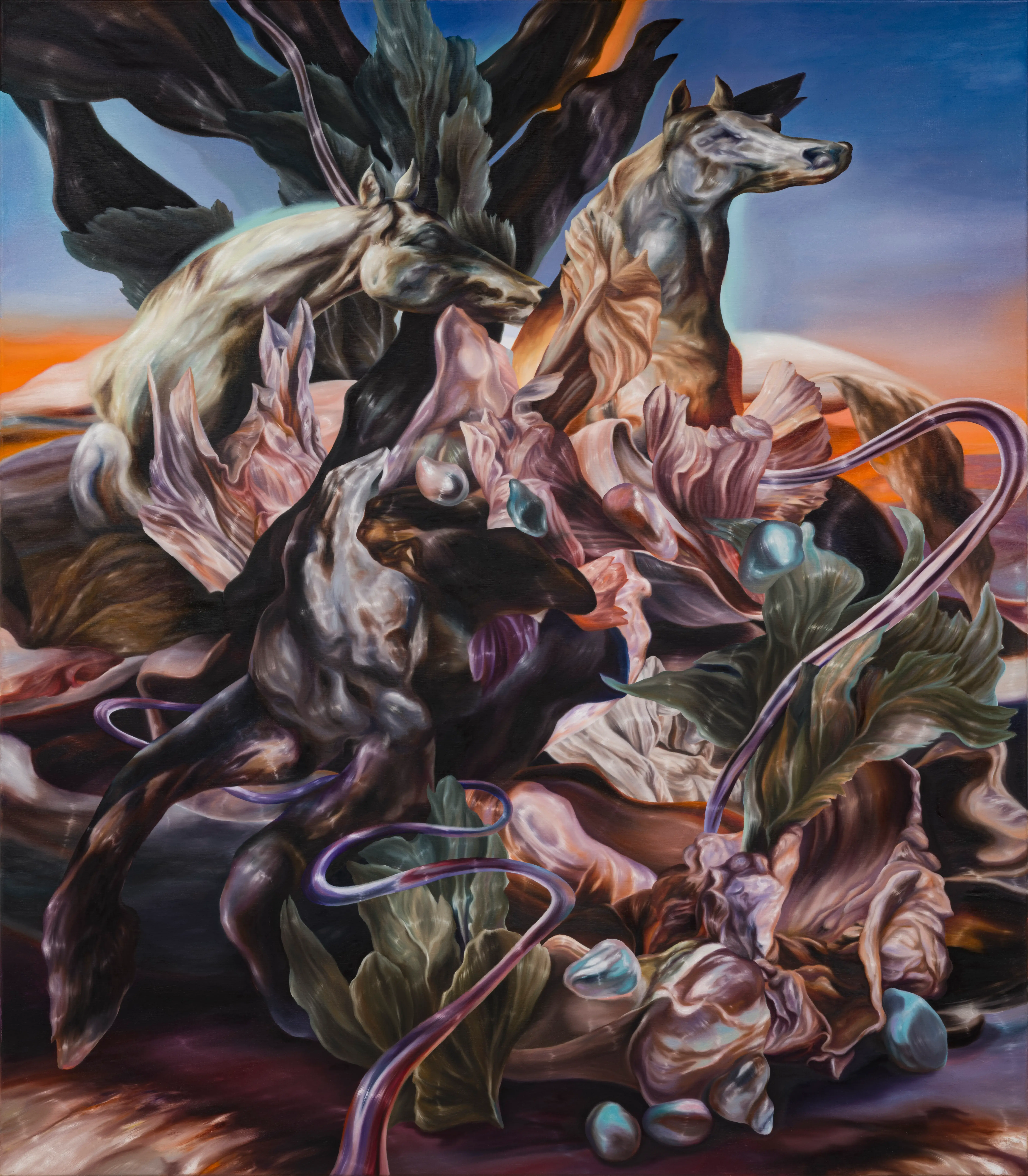 Hier sehen wir das Kunstwerk "They shape themselves, raise themselves, and fall again" in der Technik "Öl auf Leinwand" aus dem Jahr 2025 der Leipziger Künstlerin "Philippa Brück", vertreten durch die zeitgenössische Hamburger Kunstgalerie "Galerie von Wegen" im Levantehaus in den Mönckebergstraße 7 in 20095 Hamburg. 