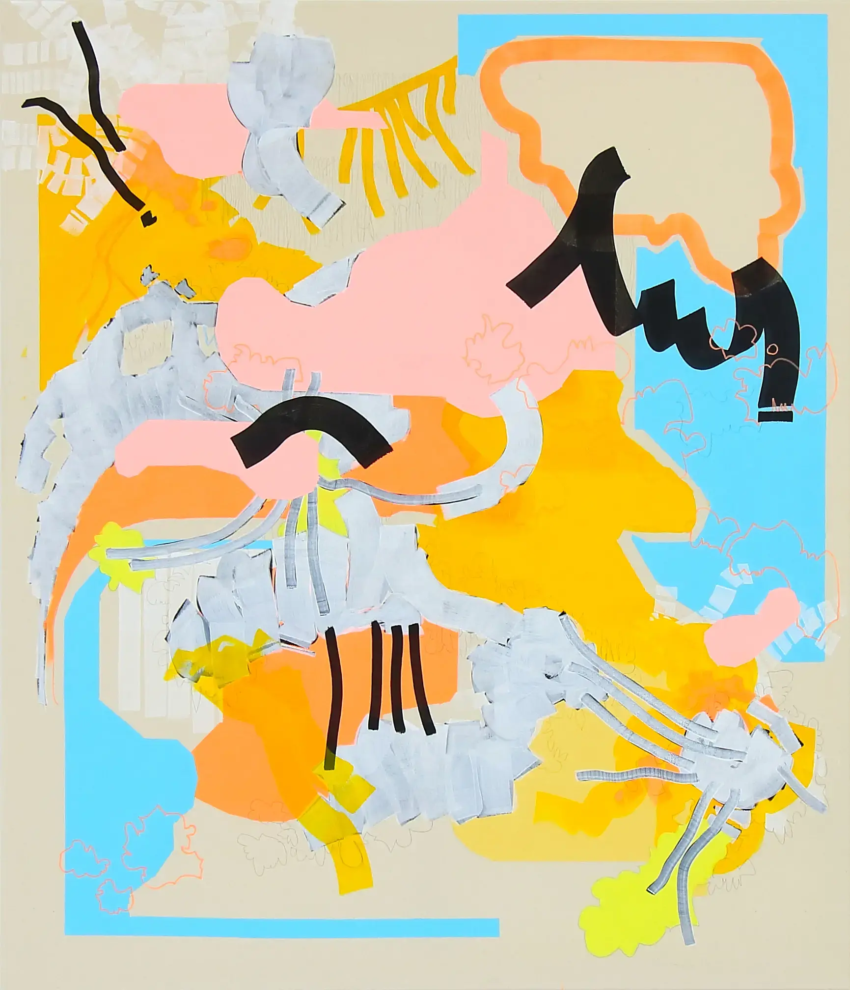 Hier sehen wir das Kunstwerk "Maybe its Duffy" in der Technik "Acryl, Acrylmarker und Bleistift auf Leinwand" aus dem Jahr 2025 der Berliner Künstlerin "Susanne Bonowicz", vertreten durch die zeitgenössische Hamburger Kunstgalerie "Galerie von Wegen" mit Sitz im Levantehaus in den Mönckebergstraße 7. 