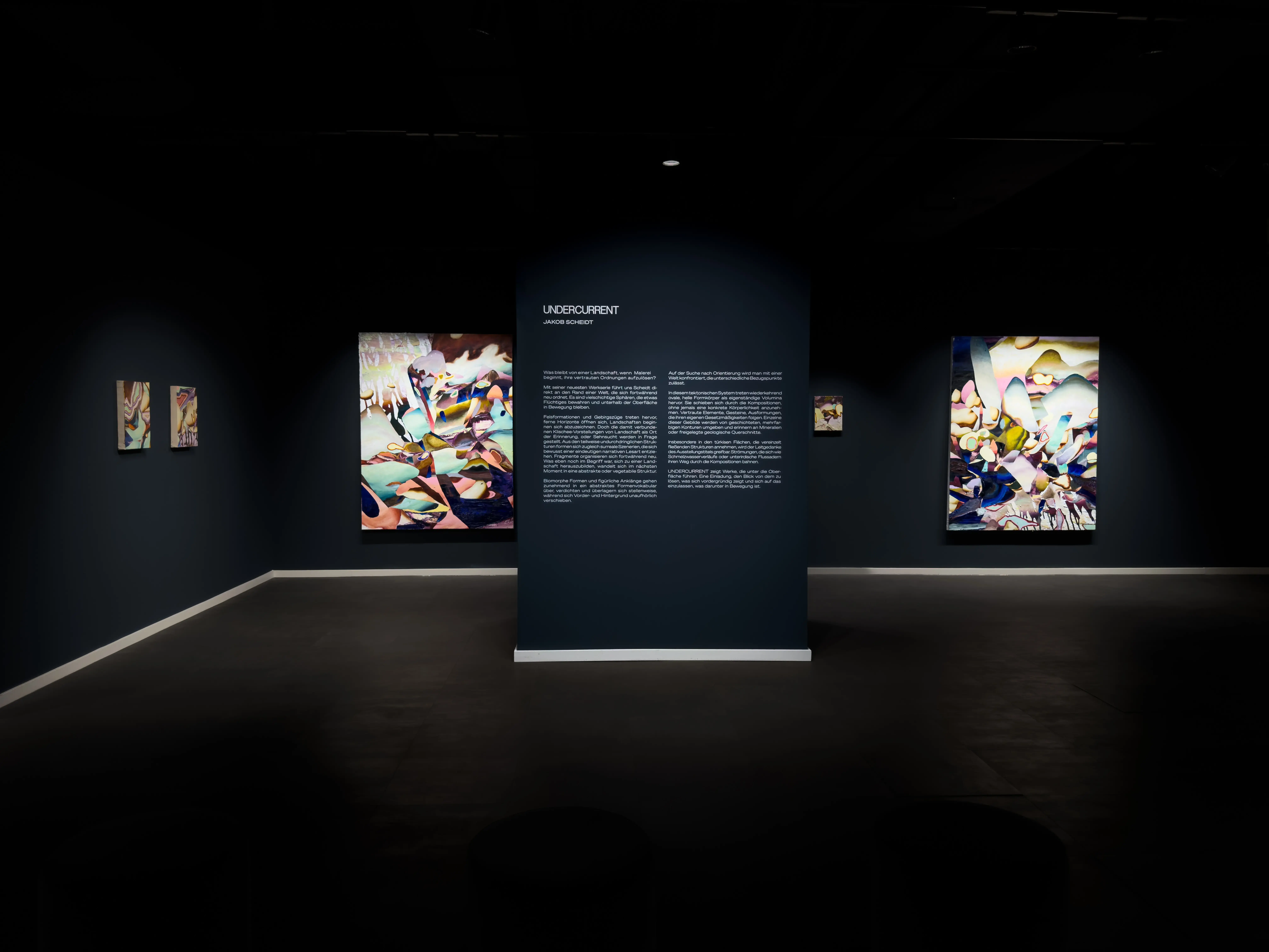 Hier sieht man eine Ausstellungsansicht zur Einzelausstellung "UNDERCURRENT", die vom 13. Juni bis 06. September.2026 in der zeitgenössischen Hamburger "Galerie von Wegen" zu sehen ist. Gezeigt werden Arbeiten des Künstlers "Jakob Scheidt", aus seiner neuen Werkserie.