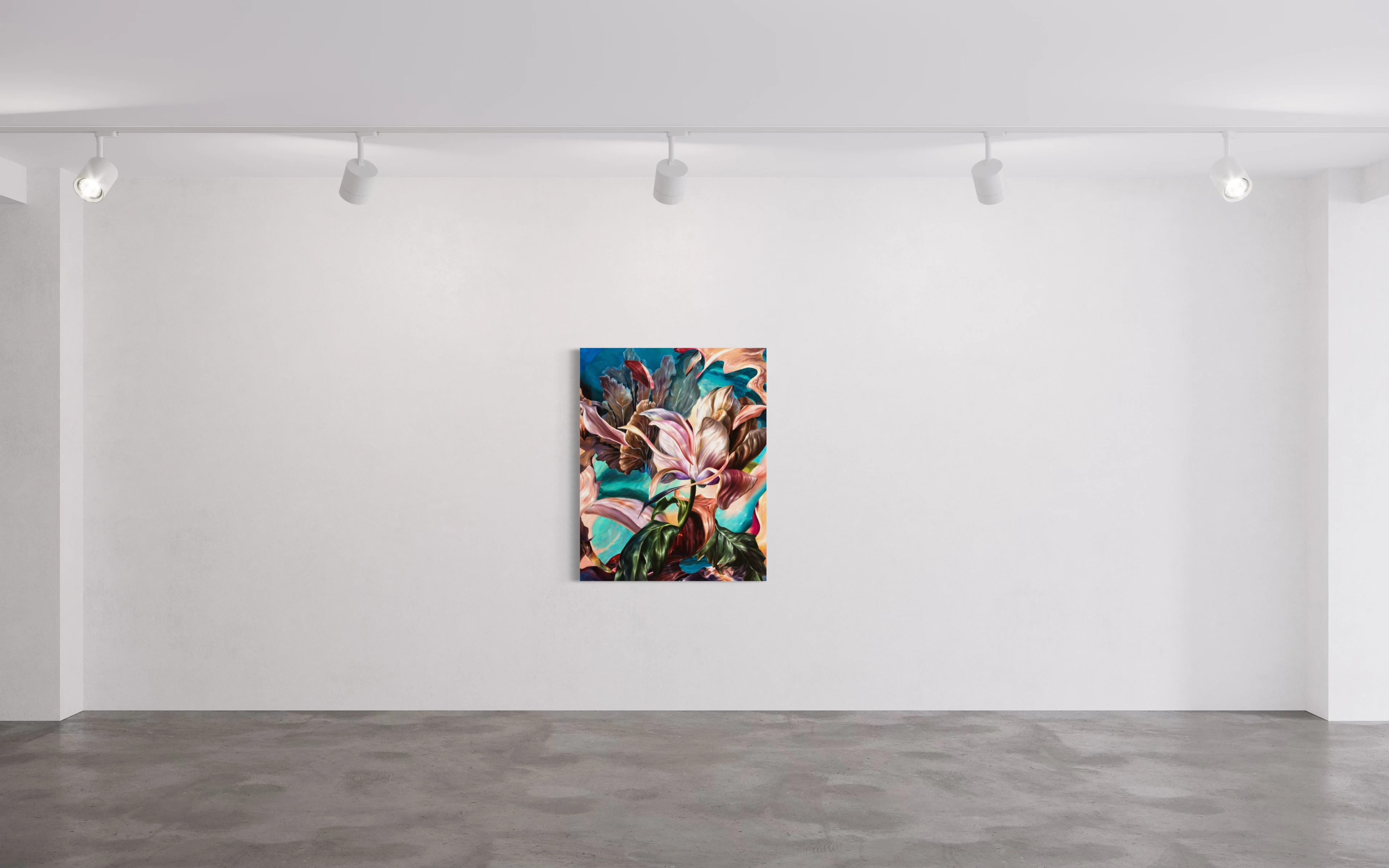 Hier sehen wir das Kunstwerk "Corals" als Raumansicht in der Technik "Öl auf Leinwand" aus dem Jahr 2024 der Leipziger Künstlerin Philippa Brück, vertreten durch die zeitgenössische Hamburger Kunstgalerie "Galerie von Wegen" im Levantehaus in den Mönckebergstraße 7. 