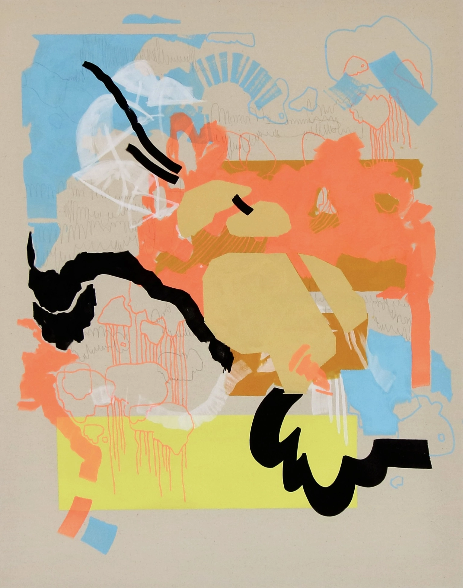 Hier sehen wir das Kunstwerk "Orange Jellyfish" Acryl, Acrylmarker und Bleistift auf Leinwand" aus dem Jahr 2025 der Berliner Künstlerin "Susanne Bonowicz", vertreten durch die zeitgenössische Hamburger Kunstgalerie "Galerie von Wegen" mit Sitz im Levantehaus in den Mönckebergstraße 7. 