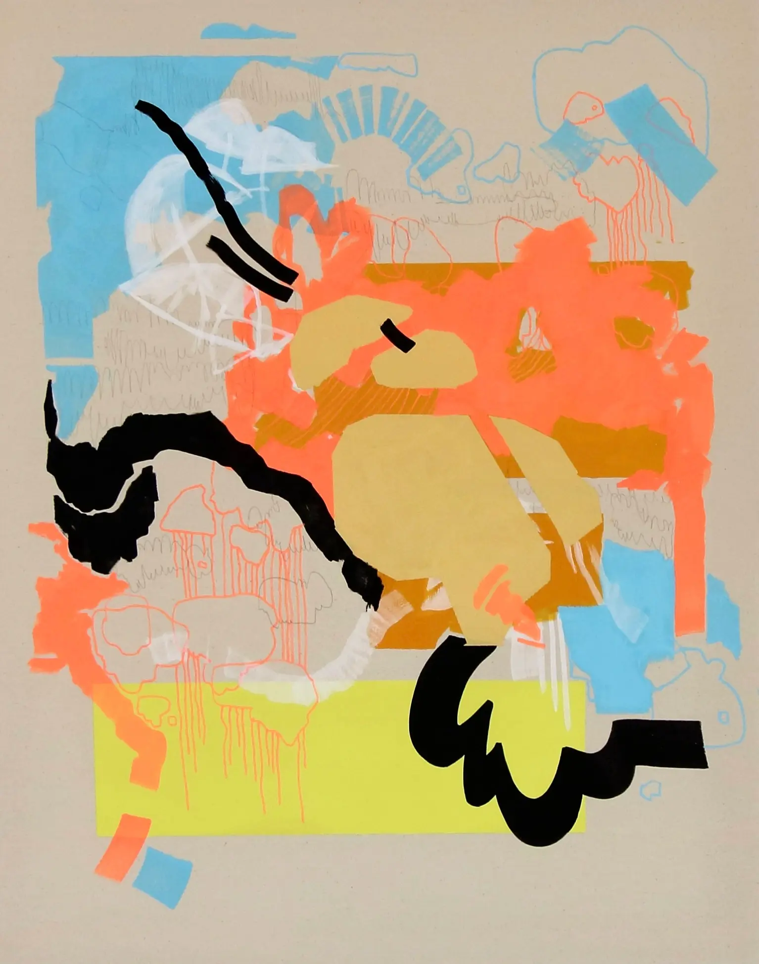 Hier sehen wir das Kunstwerk "Orange Jellyfish" Acryl, Acrylmarker und Bleistift auf Leinwand" aus dem Jahr 2025 der Berliner Künstlerin "Susanne Bonowicz", vertreten durch die zeitgenössische Hamburger Kunstgalerie "Galerie von Wegen" mit Sitz im Levantehaus in den Mönckebergstraße 7. 