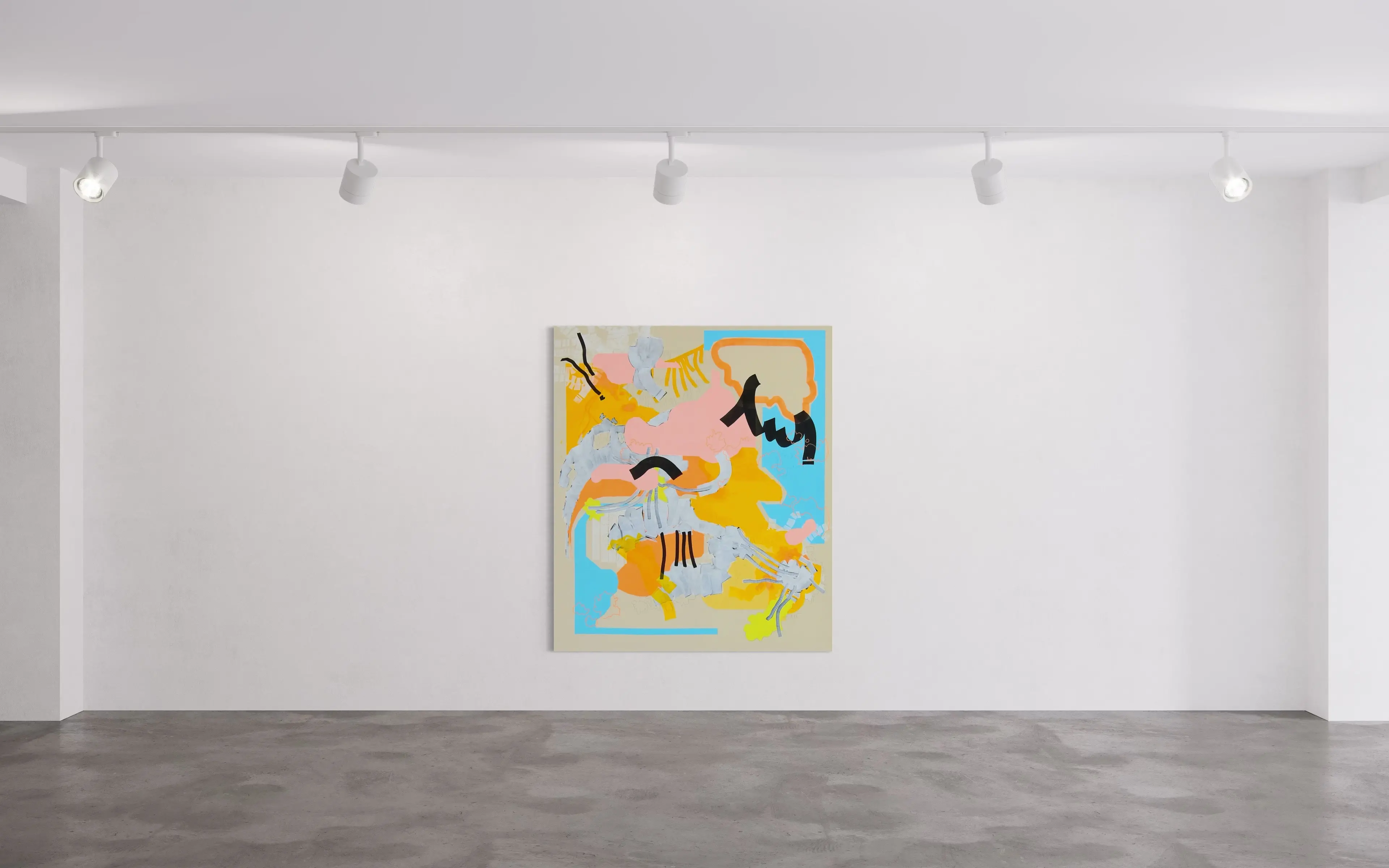 Hier sehen wir das Kunstwerk "Maybe its Duffy" in der Technik "Acryl, Acrylmarker und Bleistift auf Leinwand" aus dem Jahr 2025 als Raumansicht der Berliner Künstlerin "Susanne Bonowicz", vertreten durch die zeitgenössische Hamburger Kunstgalerie "Galerie von Wegen" mit Sitz im Levantehaus in den Mönckebergstraße 7. 