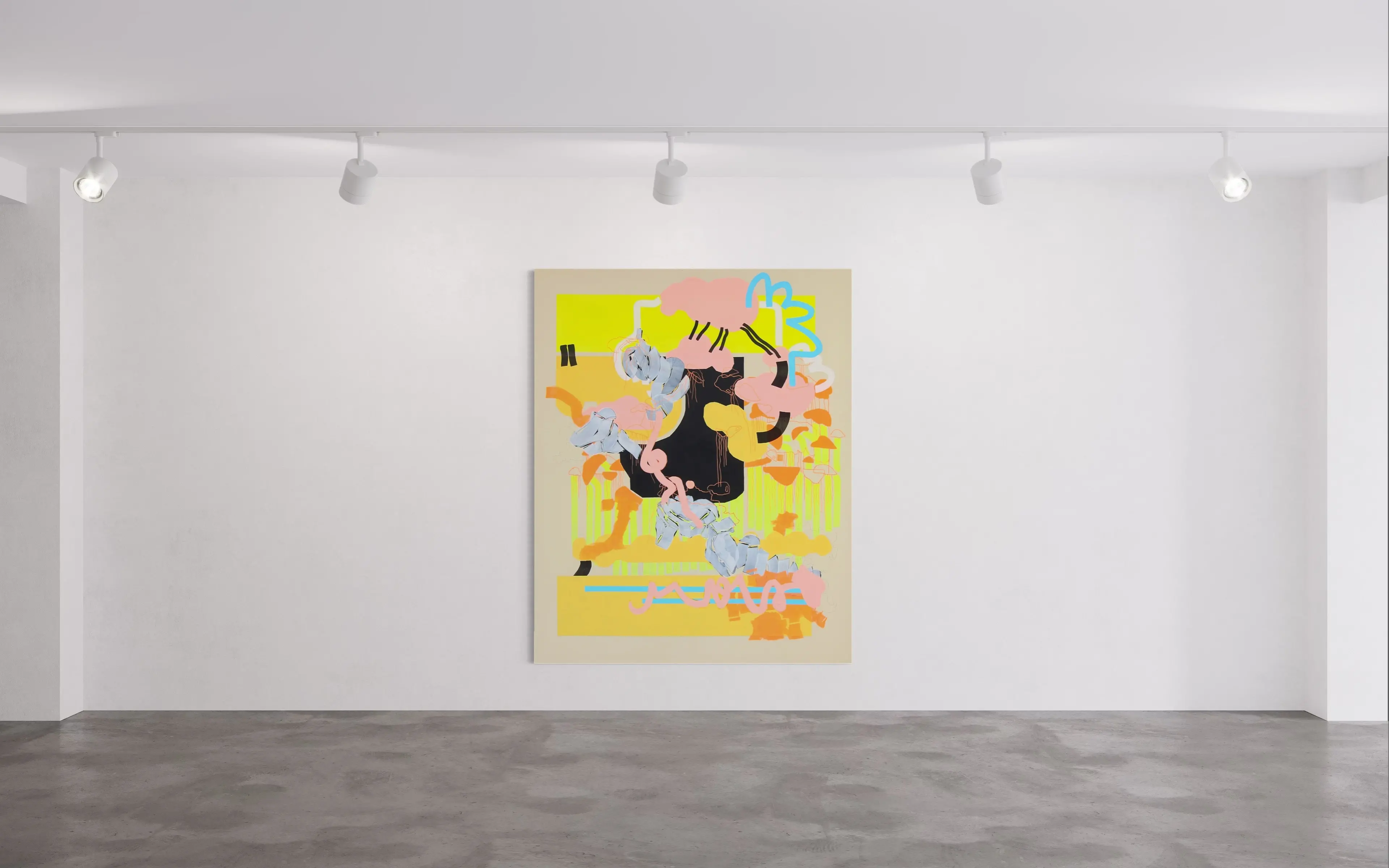 Hier sehen wir das Kunstwerk "Sheep rosé" in der Technik "Acryl, Acrylmarker und Bleistift auf Leinwand" aus dem Jahr 2025 als Raumansicht der Berliner Künstlerin "Susanne Bonowicz", vertreten durch die zeitgenössische Hamburger Kunstgalerie "Galerie von Wegen" mit Sitz im Levantehaus in den Mönckebergstraße 7. 