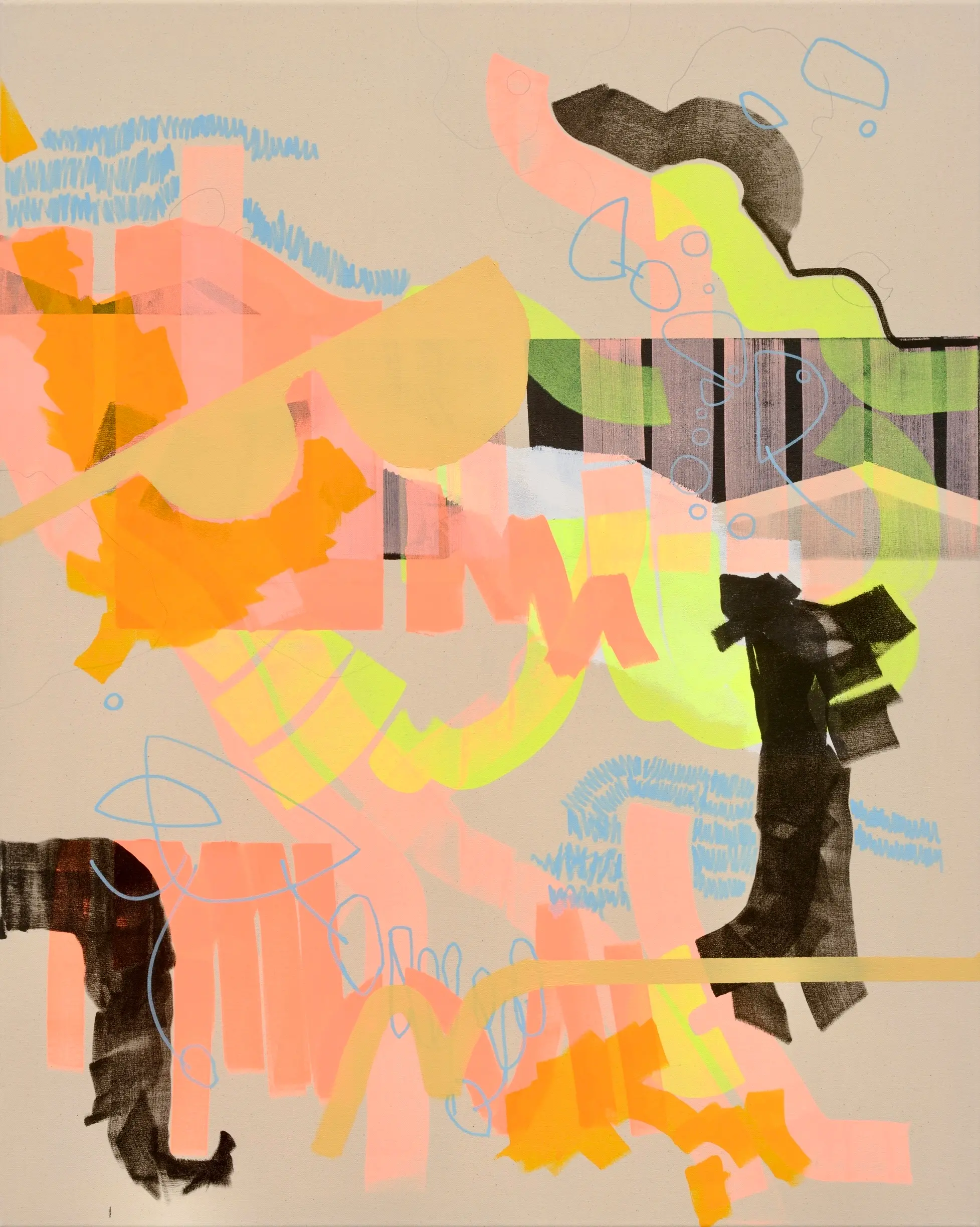 Hier sehen wir das Kunstwerk "Reunion" in der Technik "Acryl, Acrylmarker und Bleistift auf Leinwand" aus dem Jahr 2024 der Berliner Künstlerin "Susanne Bonowicz", vertreten durch die zeitgenössische Hamburger Kunstgalerie "Galerie von Wegen" mit Sitz im Levantehaus in den Mönckebergstraße 7. 