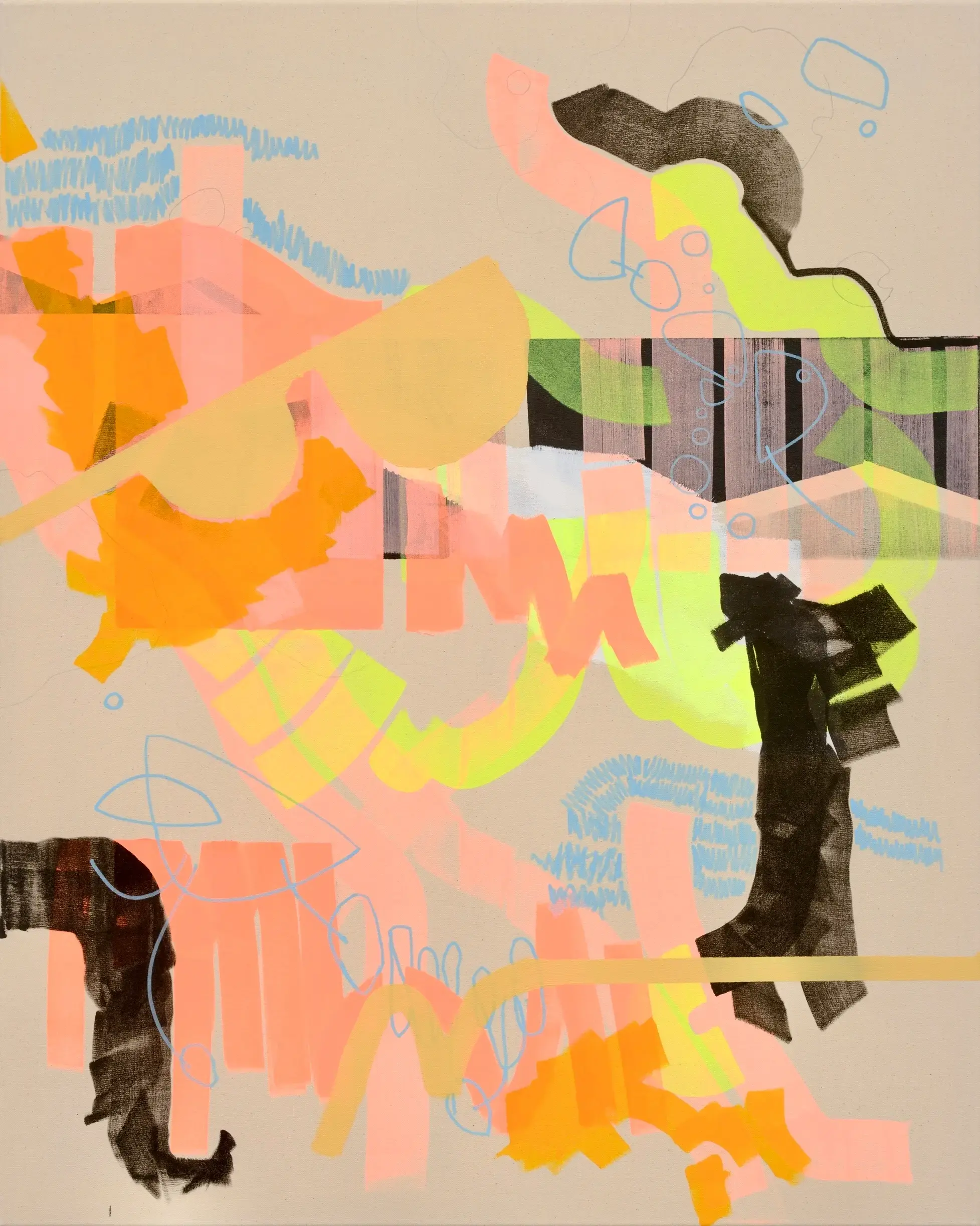 Hier sehen wir das Kunstwerk "Reunion" in der Technik "Acryl, Acrylmarker und Bleistift auf Leinwand" aus dem Jahr 2024 der Berliner Künstlerin "Susanne Bonowicz", vertreten durch die zeitgenössische Hamburger Kunstgalerie "Galerie von Wegen" mit Sitz im Levantehaus in den Mönckebergstraße 7. 