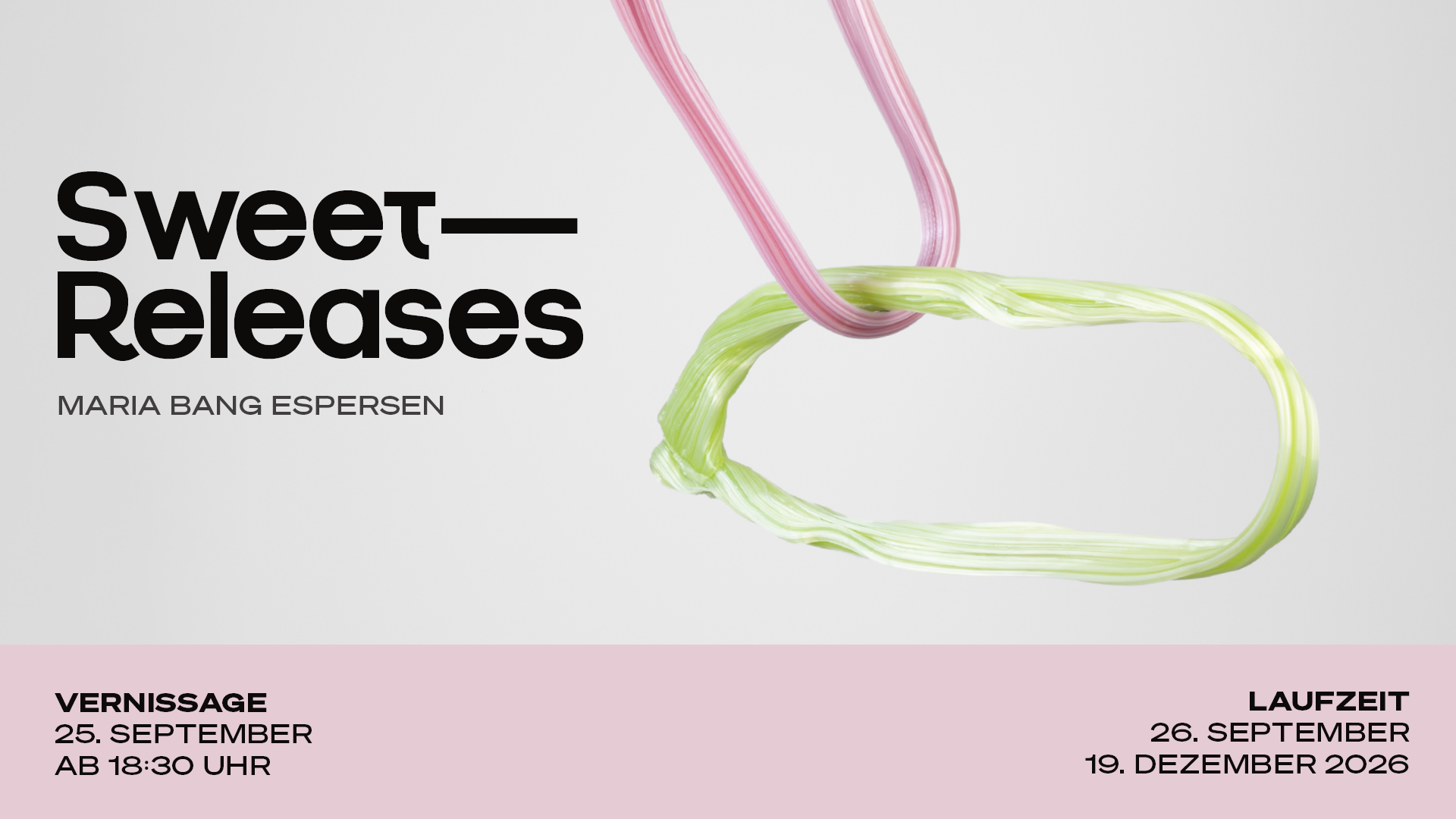 Hier sieht man eine Headergrafik zur Einzelausstellung der Schwedisch-Dänischen Glaskünstlerin Maria Bang Espersen, die vom 26. September 2026 bis zum 19. Dezember 2026 unter dem Titel Sweat Releases in der zeitgenössischen Hamburger Galerie von Wegen ausstellt.