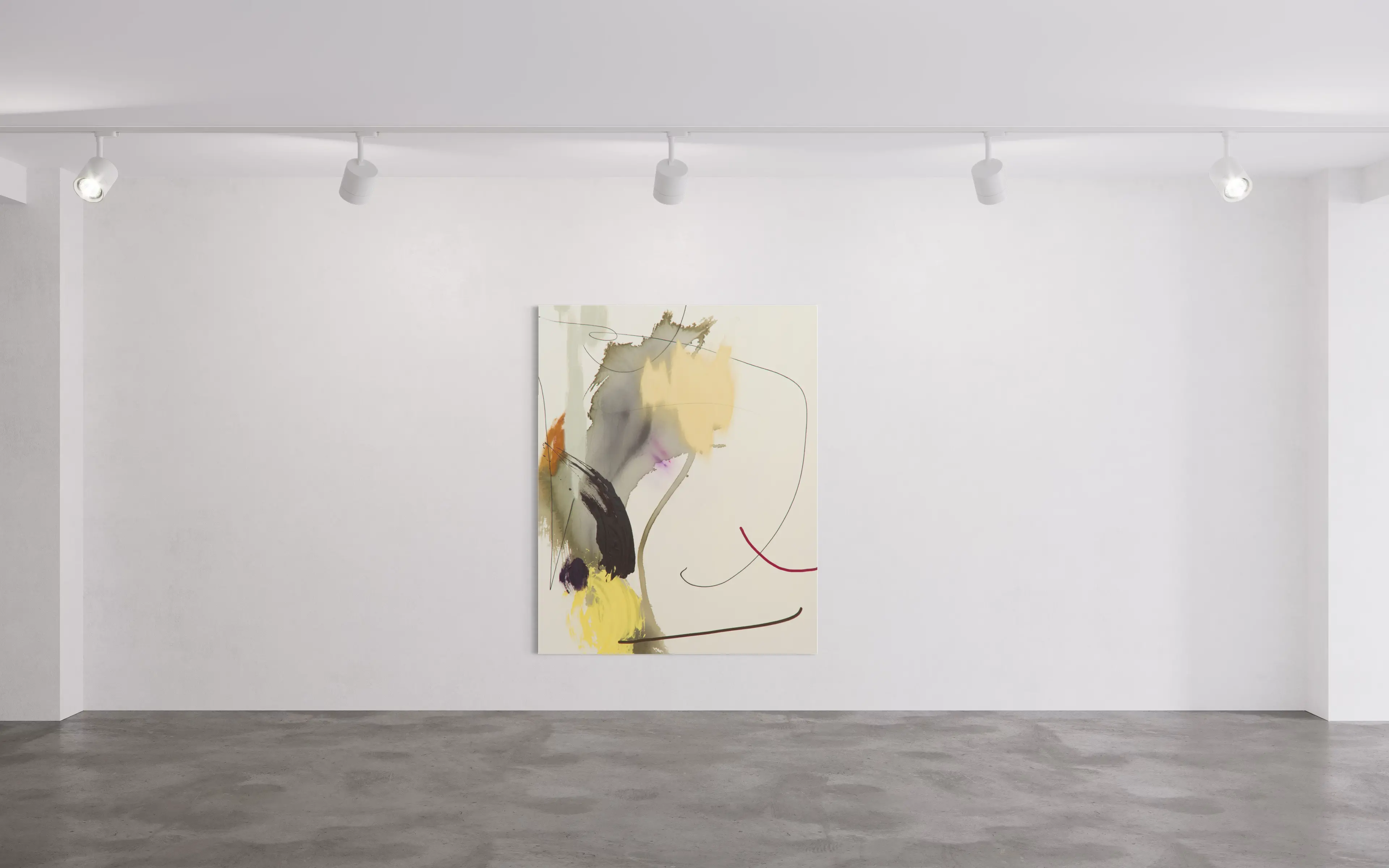 Hier sehen wir das Kunstwerk "Days Like Sandcastles" in der Technik "Acryl auf Leinwand" aus dem Jahr 2025 als Raumansicht der Berliner Künstlerin "Helen Hu", vertreten durch die zeitgenössische Hamburger Kunstgalerie "Galerie von Wegen" mit Sitz im Levantehaus in den Mönckebergstraße 7. 