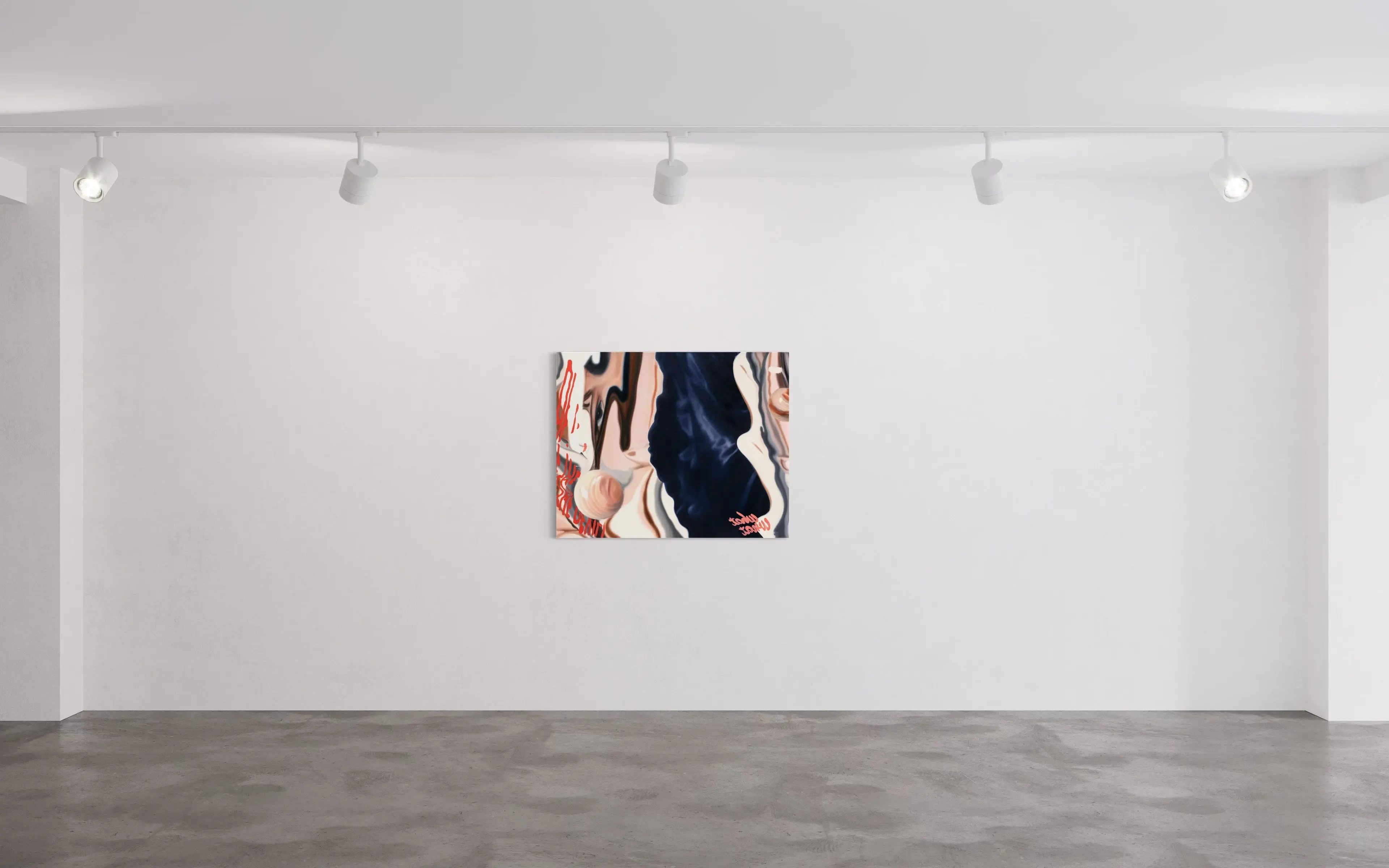 Hier sehen wir das Werk "Friends" aus dem Jahr 2024 als Raumansicht des Leipziger Künstlers "Johannes Daniel", vertreten durch die zeitgenössische Hamburger Kunstgalerie "Galerie von Wegen" im Levantehaus in den Mönckebergstraße 7. 