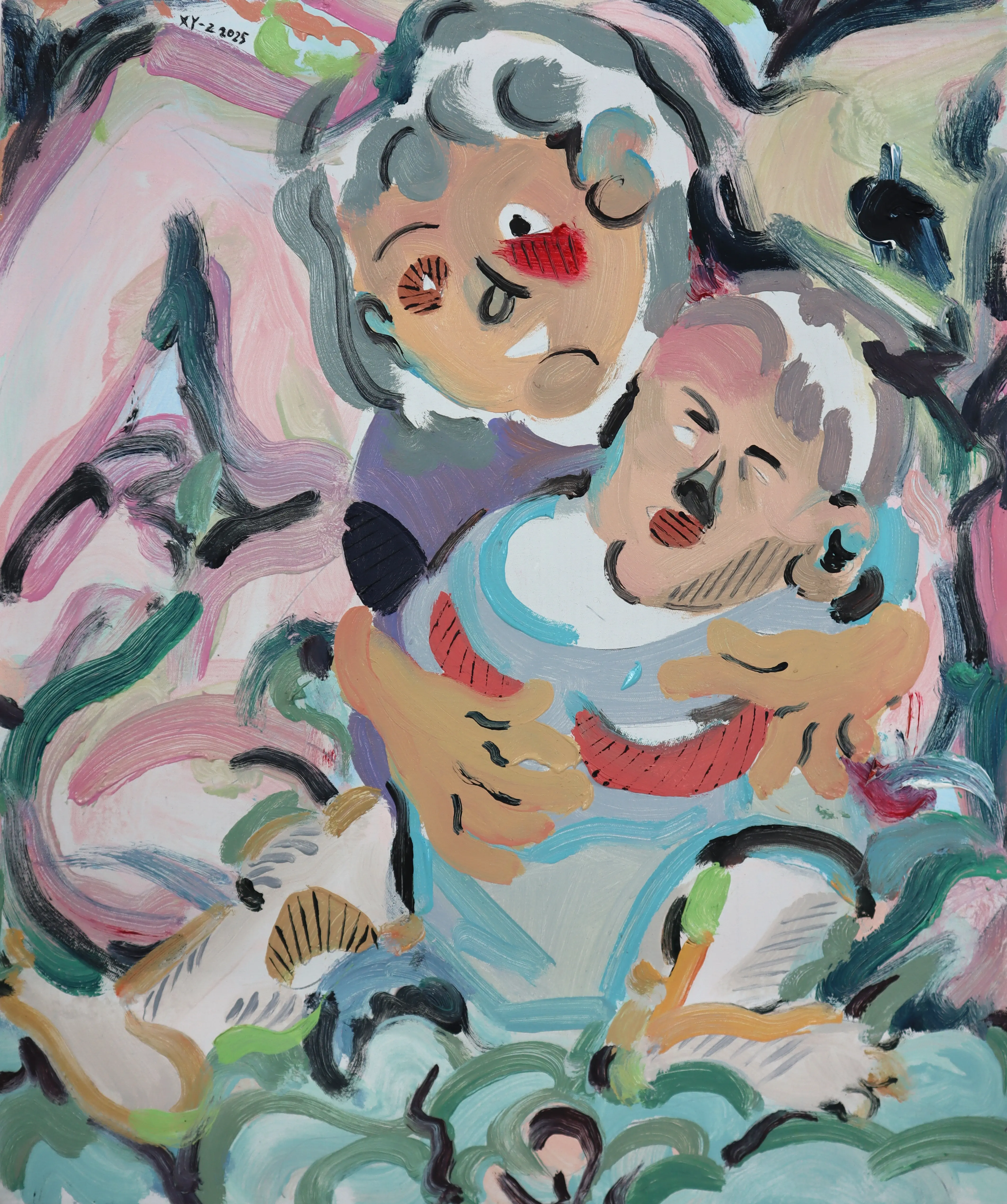 Hier sehen wir das Kunstwerk "Superhero Nr.2" in der Technik "Öl & Acryl auf Leinwand" aus dem Jahr 2025 der Berliner Künstlerin "Xinyan Zhang", vertreten durch die zeitgenössische Hamburger Kunstgalerie "Galerie von Wegen" mit Sitz im Levantehaus in den Mönckebergstraße 7. 