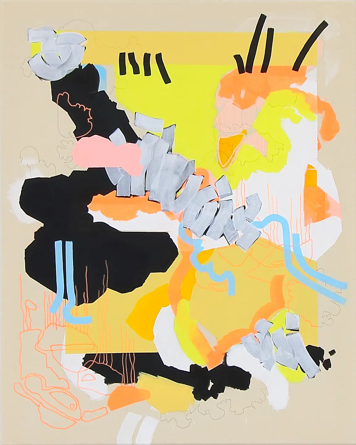 Hier sehen wir das Kunstwerk "By now, there are also parrots in Berlin`s parks" in der Technik "Acryl, Acrylmarker und Bleistift auf Leinwand" aus dem Jahr 2025 als Raumansicht der Berliner Künstlerin "Susanne Bonowicz", vertreten durch die zeitgenössische Hamburger Kunstgalerie "Galerie von Wegen" mit Sitz im Levantehaus in den Mönckebergstraße 7. 