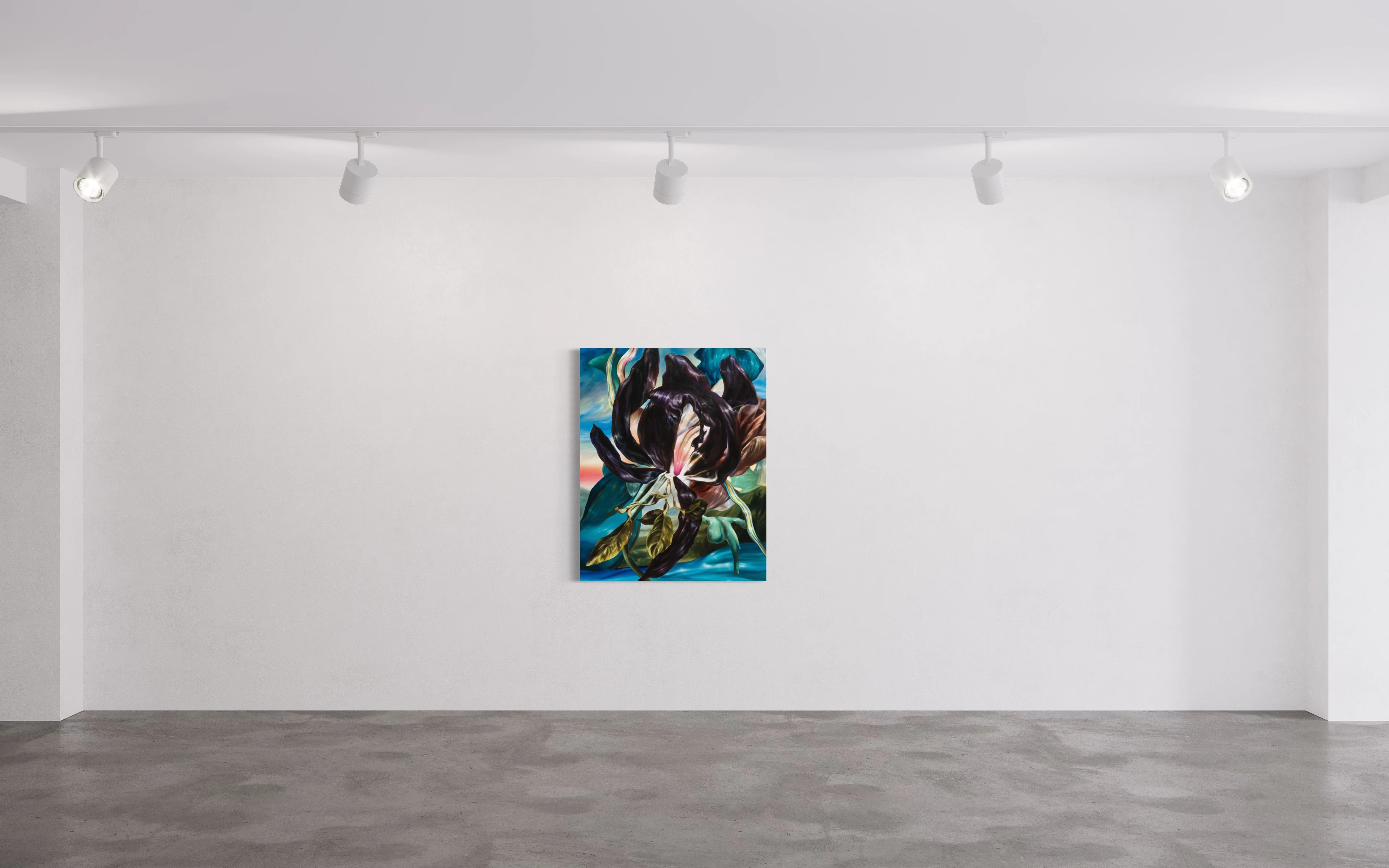 Hier sehen wir das Kunstwerk "Jacky" als Raumansicht in der Technik "Öl auf Leinwand" aus dem Jahr 2024 der Leipziger Künstlerin Philippa Brück, vertreten durch die zeitgenössische Hamburger Kunstgalerie "Galerie von Wegen" im Levantehaus in den Mönckebergstraße 7. 