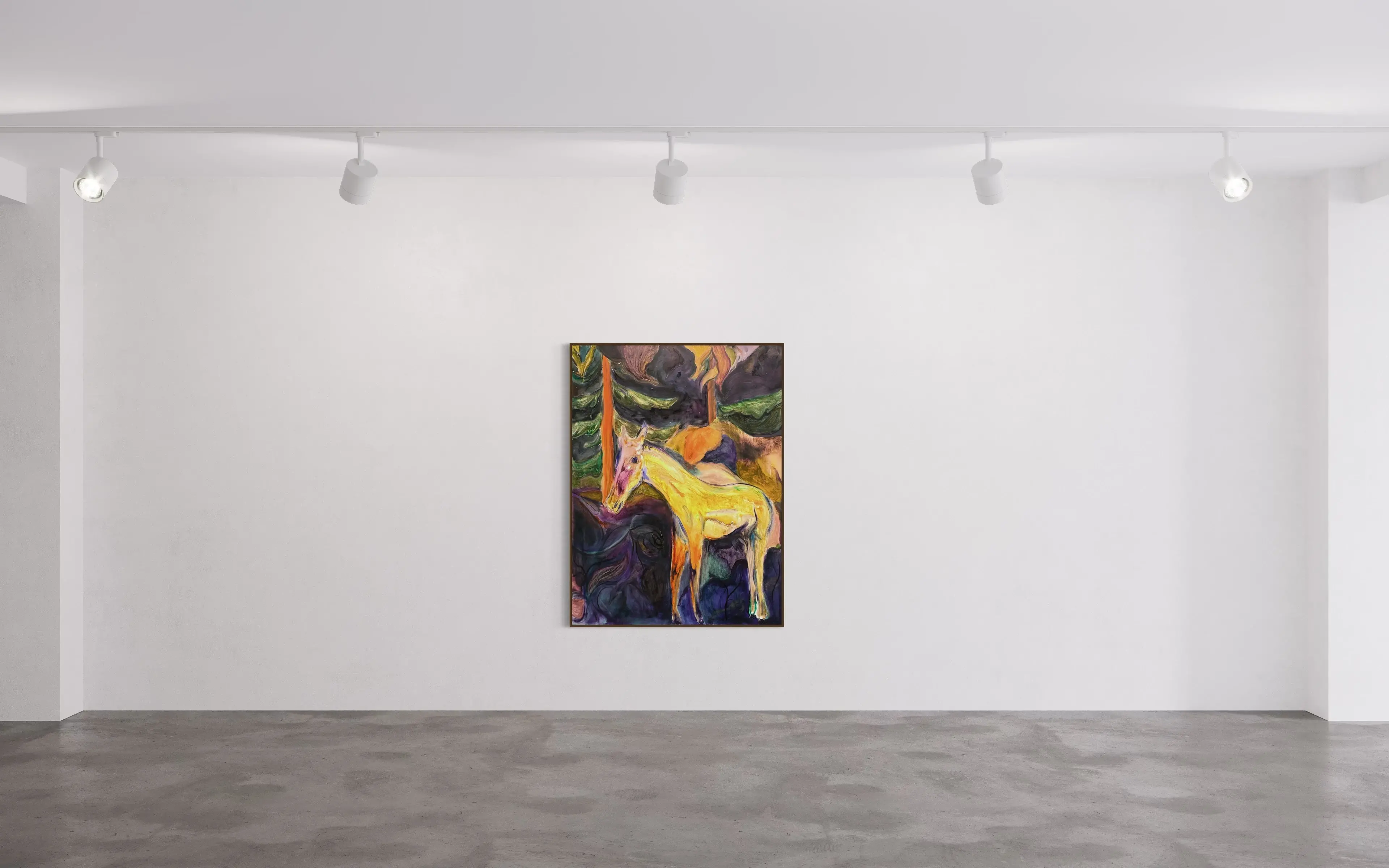 Hier sieht man das Kunstwerk "Trojan Horse" als Raumansicht aus 2022 vom Dänischen Künstler und Maler "Lasse Thorst", vertreten durch die zeitgenössische Hamburger Kunstgalerie "Galerie von Wegen" mit Sitz im Levantehaus, in der Mönckebergstraße 7 in 20095 Hamburg.