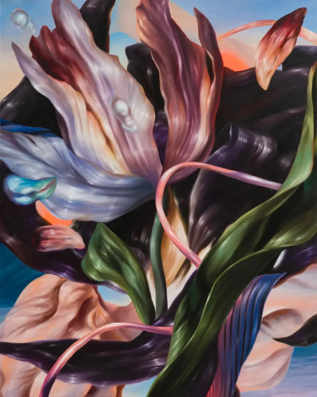 Hier sehen wir das Kunstwerk "Orange Setting" in der Technik "Öl auf Leinwand" aus dem Jahr 2024 der Leipziger Künstlerin Philippa Brück, vertreten durch die zeitgenössische Hamburger Kunstgalerie "Galerie von Wegen" im Levantehaus in den Mönckebergstraße 7. 