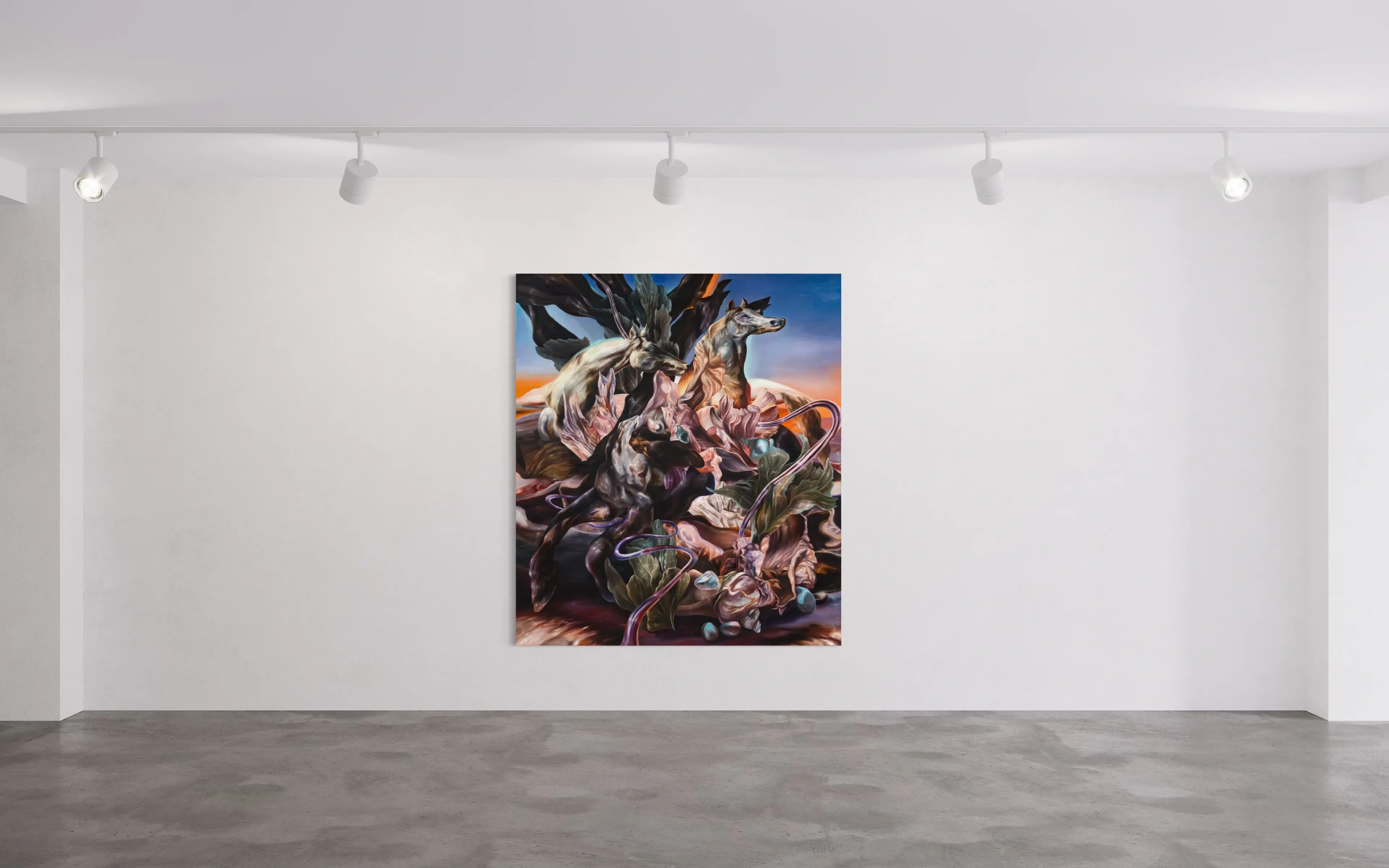 Hier sehen wir das Kunstwerk "They shape themselves, raise themselves, and fall again" als Raumansicht in der Technik "Öl auf Leinwand" aus dem Jahr 2025 der Leipziger Künstlerin "Philippa Brück", vertreten durch die zeitgenössische Hamburger Kunstgalerie "Galerie von Wegen" im Levantehaus in den Mönckebergstraße 7 in 20095 Hamburg. 