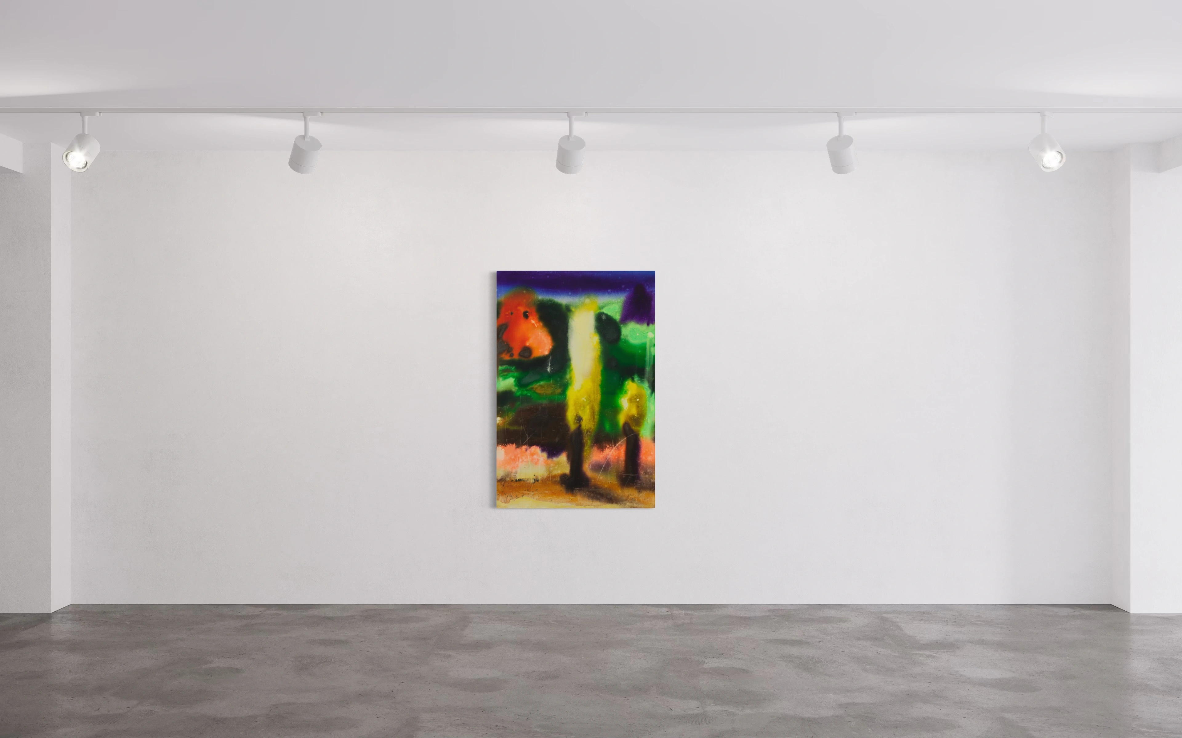Hier sieht man das Kunstwerk "Fallen paradise two" als Raumansicht aus 2025 von dem Berliner Künstler und Maler "Christian August", vertreten durch die zeitgenössische Hamburger Kunstgalerie "Galerie von Wegen" mit Sitz im Levantehaus, in der Mönckebergstraße 7 in 20095 Hamburg.
