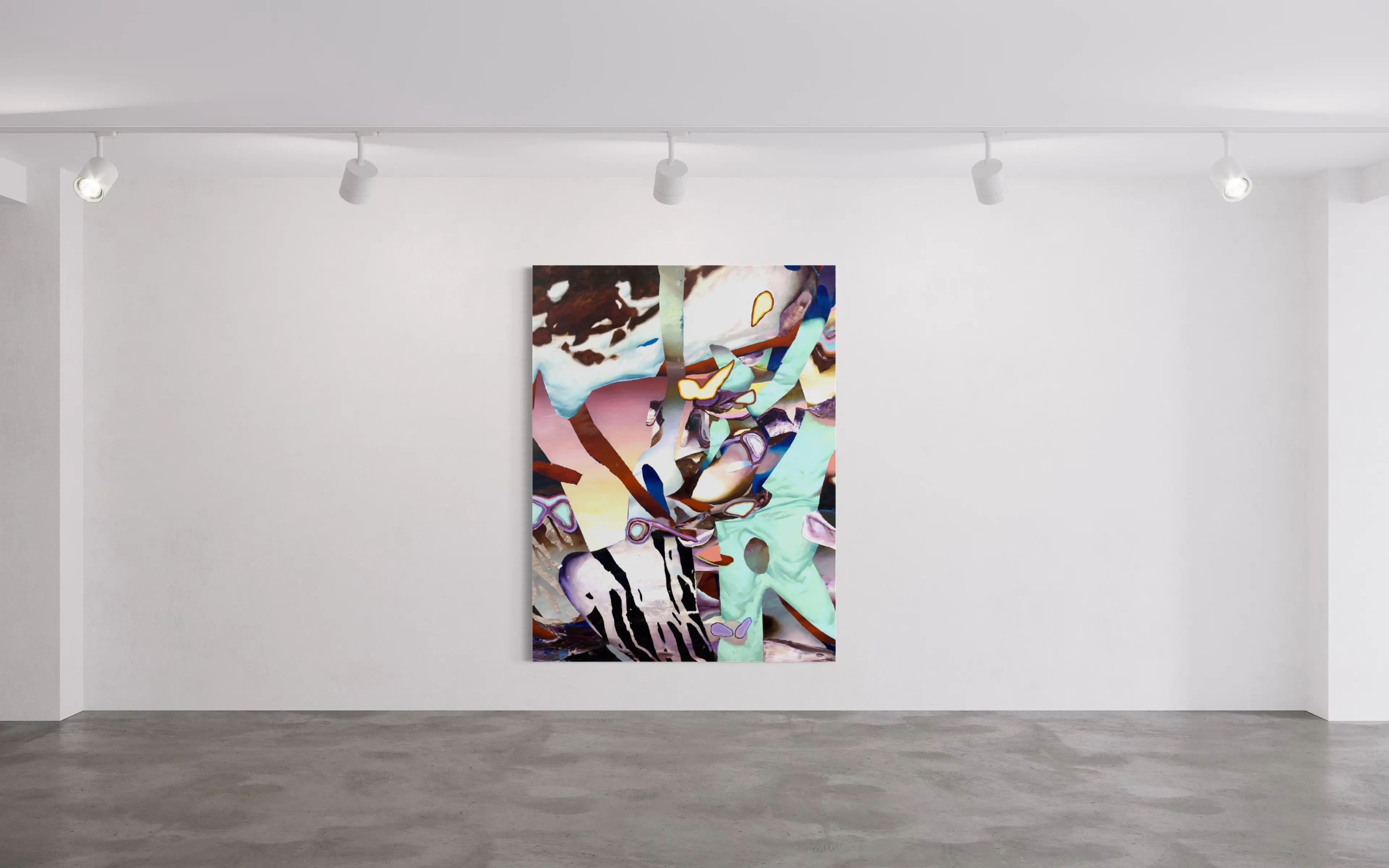 Hier sehen wir das Kunstwerk "Some Assembly Required II" in der Technik "Öl & Mischtechnik auf Leinwand" aus dem Jahr 2026 des Hamburger Künstlers "Jakob Scheidt", vertreten durch die zeitgenössische Hamburger Kunstgalerie "Galerie von Wegen" mit Sitz im Levantehaus in den Mönckebergstraße 7. 
