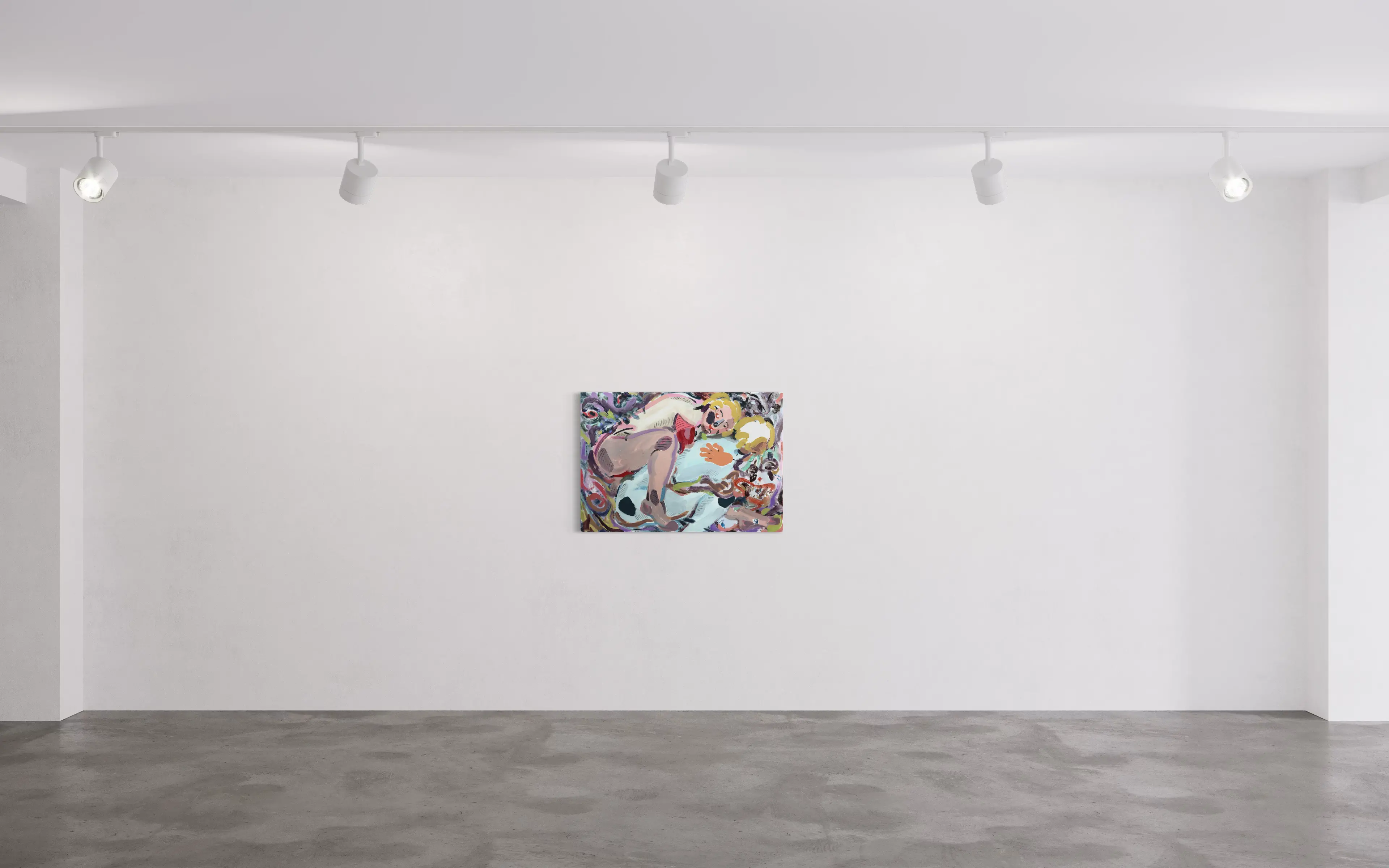 Hier sehen wir das Kunstwerk "Intimate Relationship" in der Technik "Öl & Acryl auf Leinwand" aus dem Jahr 2025 als Raumansicht der Berliner Künstlerin "Xinyan Zhang", vertreten durch die zeitgenössische Hamburger Kunstgalerie "Galerie von Wegen" mit Sitz im Levantehaus in den Mönckebergstraße 7. 