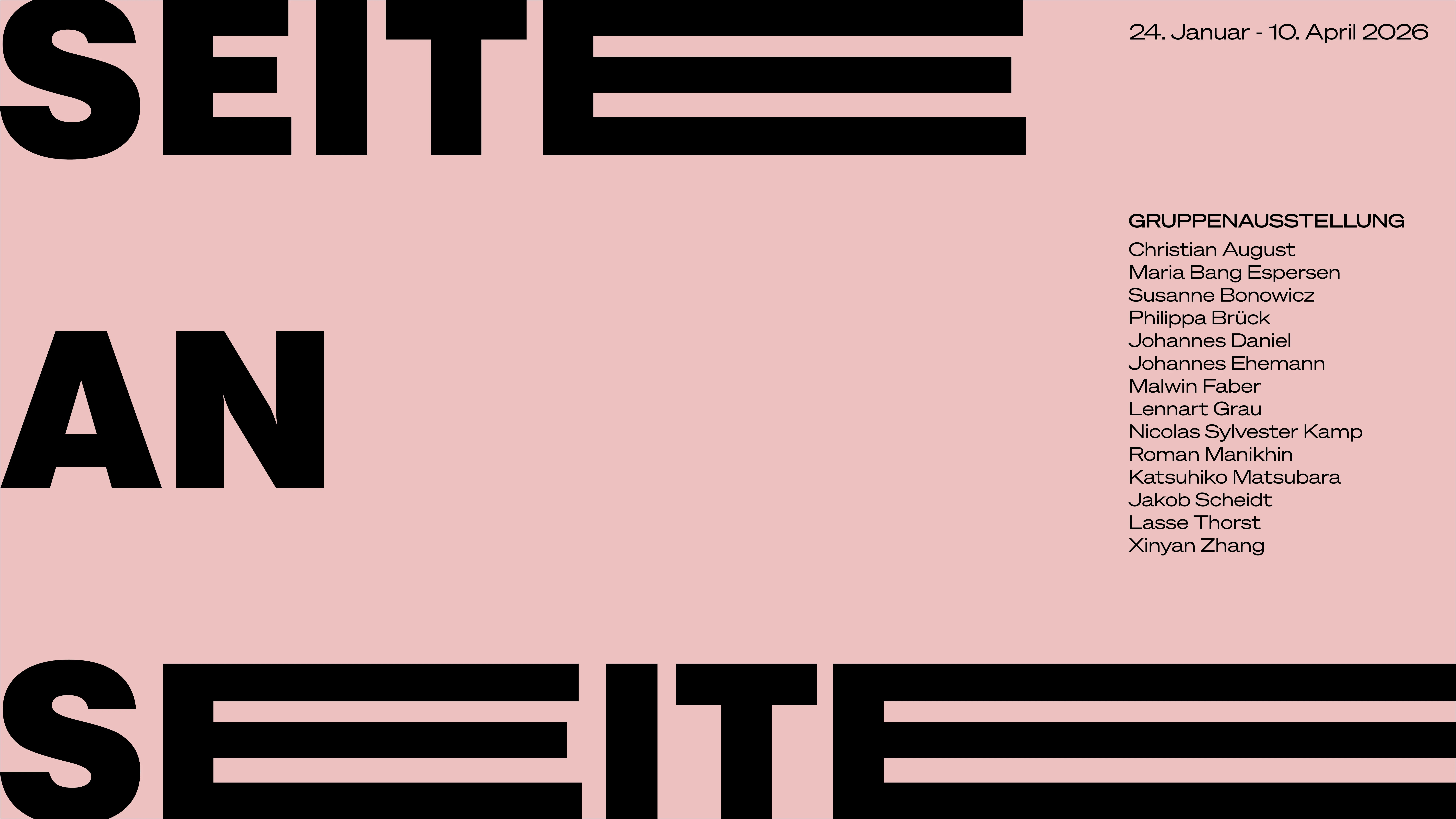 Hier sieht man das Schaubild oder auch Ausstellungsgrafik zur Gruppenausstellung "SEITE AN SEITE", die vom 24.01. bis 10.04.2026 in der zeitgenössischen Hamburger "Galerie von Wegen" zu sehen ist. 