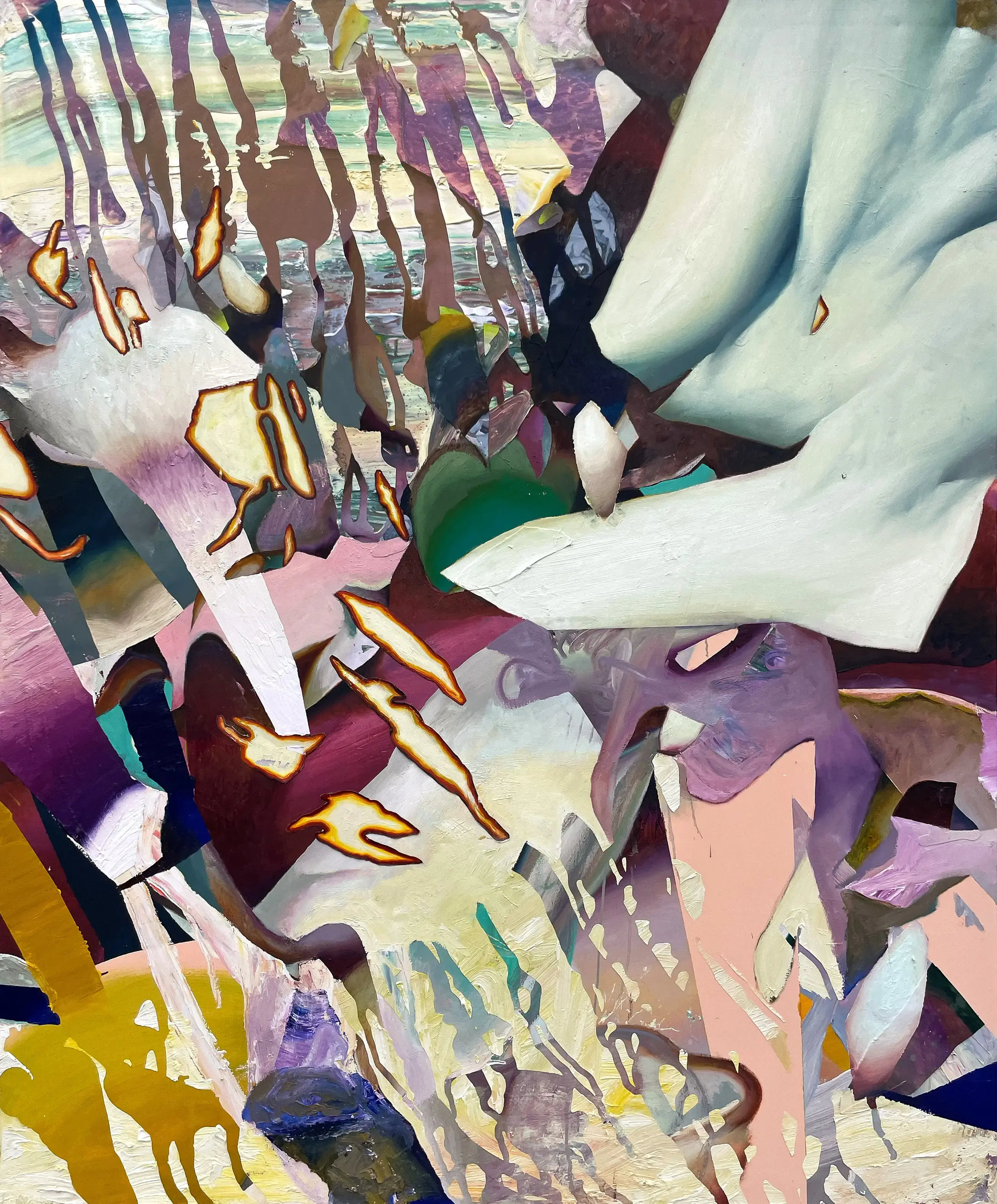 Hier sehen wir das Kunstwerk "Delicate Matter III" in der Technik "Öl & Mischtechnik auf Leinwand" aus dem Jahr 2026 des Hamburger Künstlers "Jakob Scheidt", vertreten durch die zeitgenössische Hamburger Kunstgalerie "Galerie von Wegen" mit Sitz im Levantehaus in den Mönckebergstraße 7. 