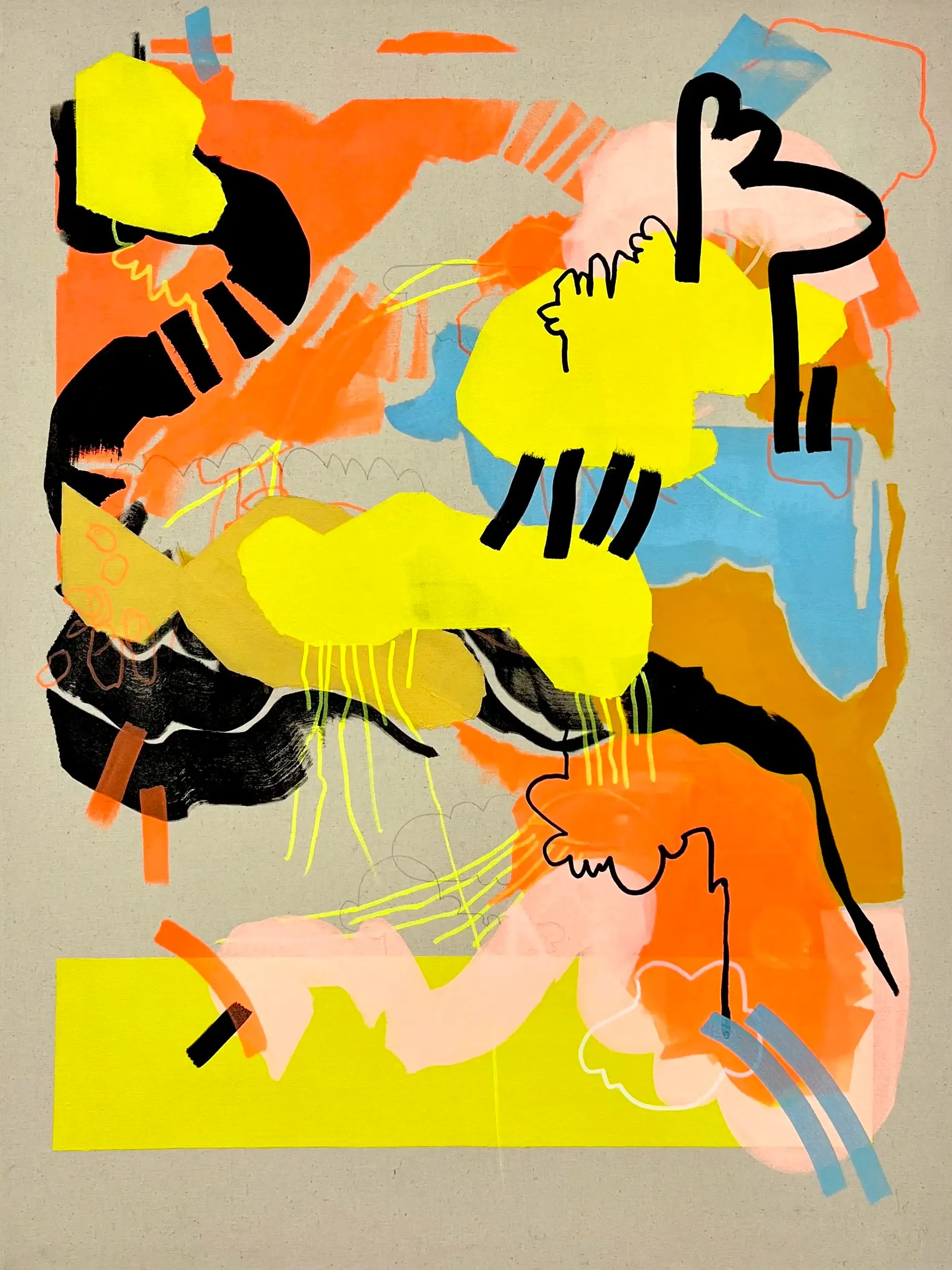 Hier sehen wir das Kunstwerk "Lovely January" in der Technik "Acryl, Acrylmarker und Bleistift auf Leinwand" aus dem Jahr 2026 als Raumansicht der Berliner Künstlerin "Susanne Bonowicz", vertreten durch die zeitgenössische Hamburger Kunstgalerie "Galerie von Wegen" mit Sitz im Levantehaus in den Mönckebergstraße 7. 