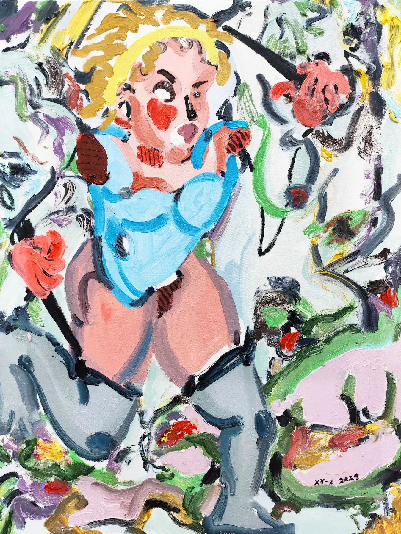 Hier sehen wir das Kunstwerk "Survivor" in der Technik "Öl & Acryl auf Leinwand" aus dem Jahr 2024 der Berliner Künstlerin "Xinyan Zhang", vertreten durch die zeitgenössische Hamburger Kunstgalerie "Galerie von Wegen" mit Sitz im Levantehaus in den Mönckebergstraße 7. 