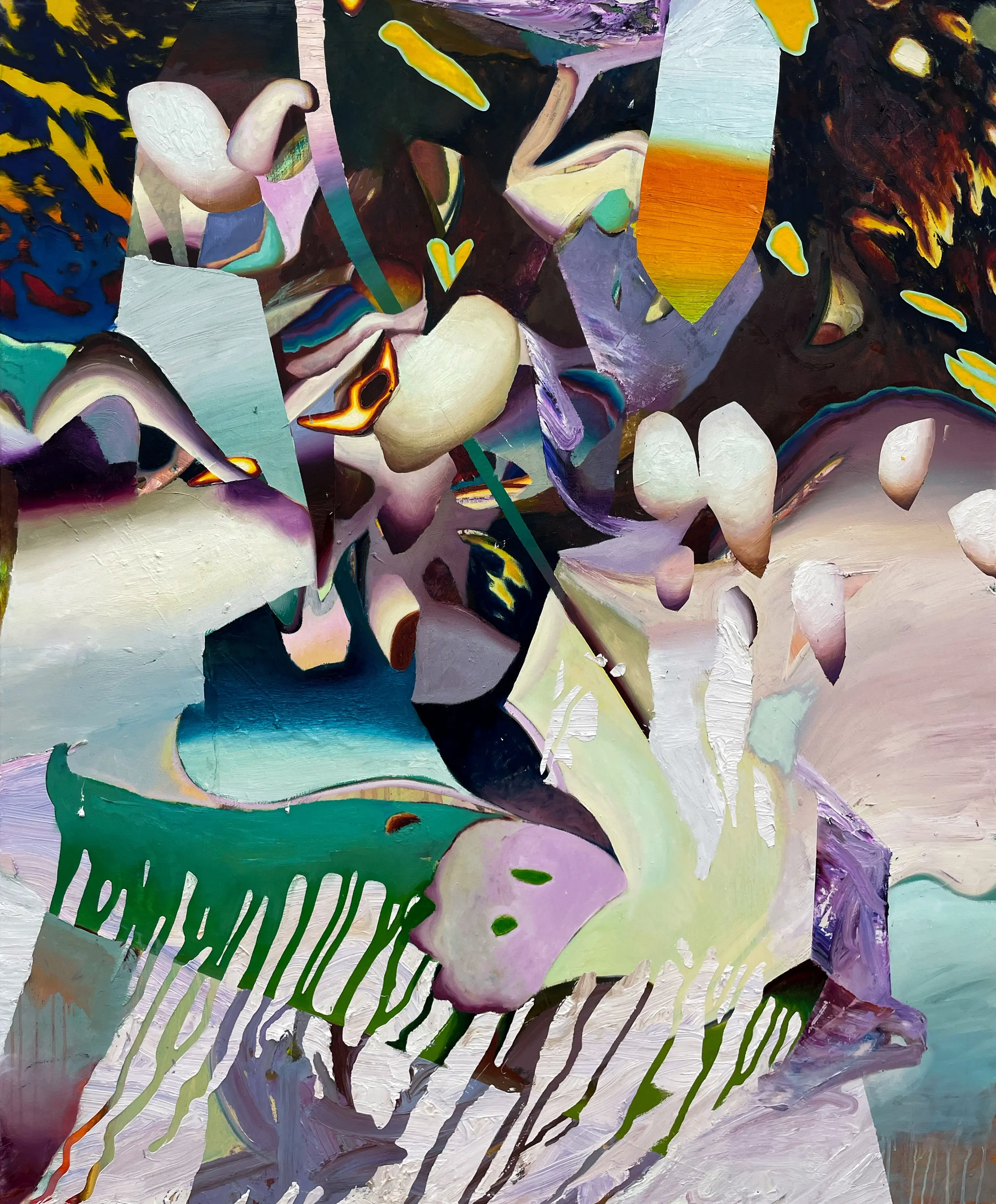 Hier sehen wir das Kunstwerk "Ohne Titel" in der Technik "Öl & Mischtechnik auf Leinwand" aus dem Jahr 2026 des Hamburger Künstlers "Jakob Scheidt", vertreten durch die zeitgenössische Hamburger Kunstgalerie "Galerie von Wegen" mit Sitz im Levantehaus in den Mönckebergstraße 7. 