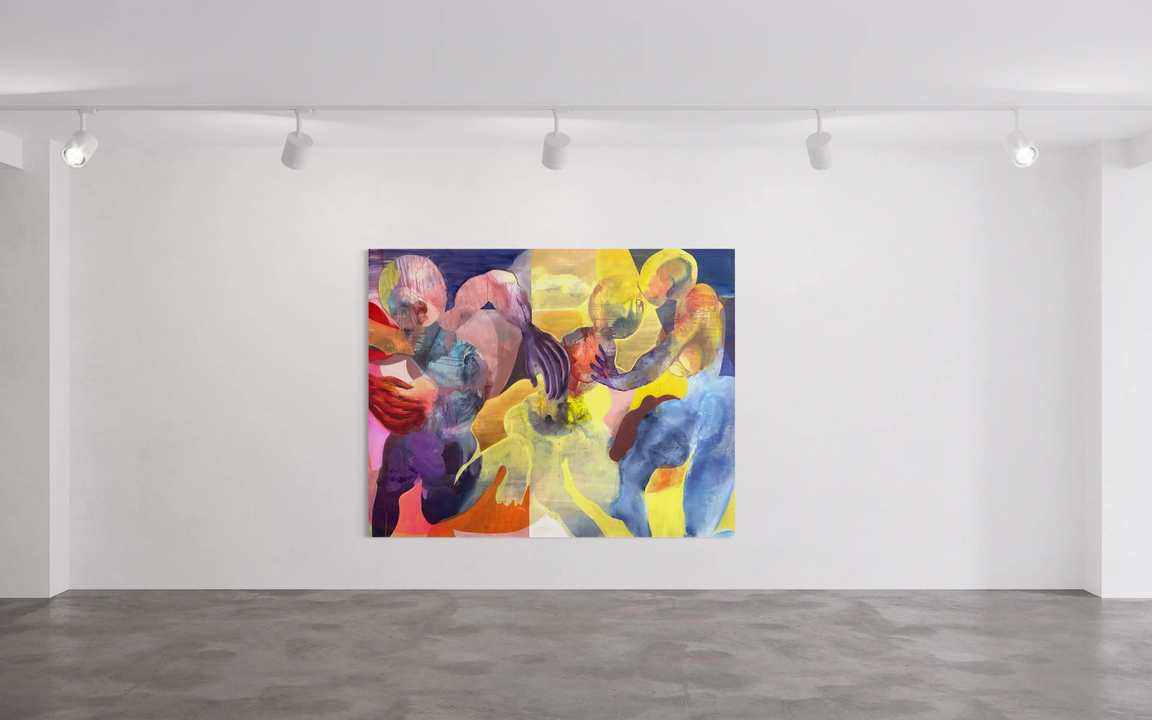 Hier sieht man das Werk "Mayham" als Raumansicht aus dem Jahr 2025 des Leipziger Künstlers Jakob Schöning, vertreten durch die zeitgenössische Hamburger Kunstgalerie "Galerie von Wegen" mit Sitz im Levantehaus, in der Mönckebergstraße 7 in 20095 Hamburg.