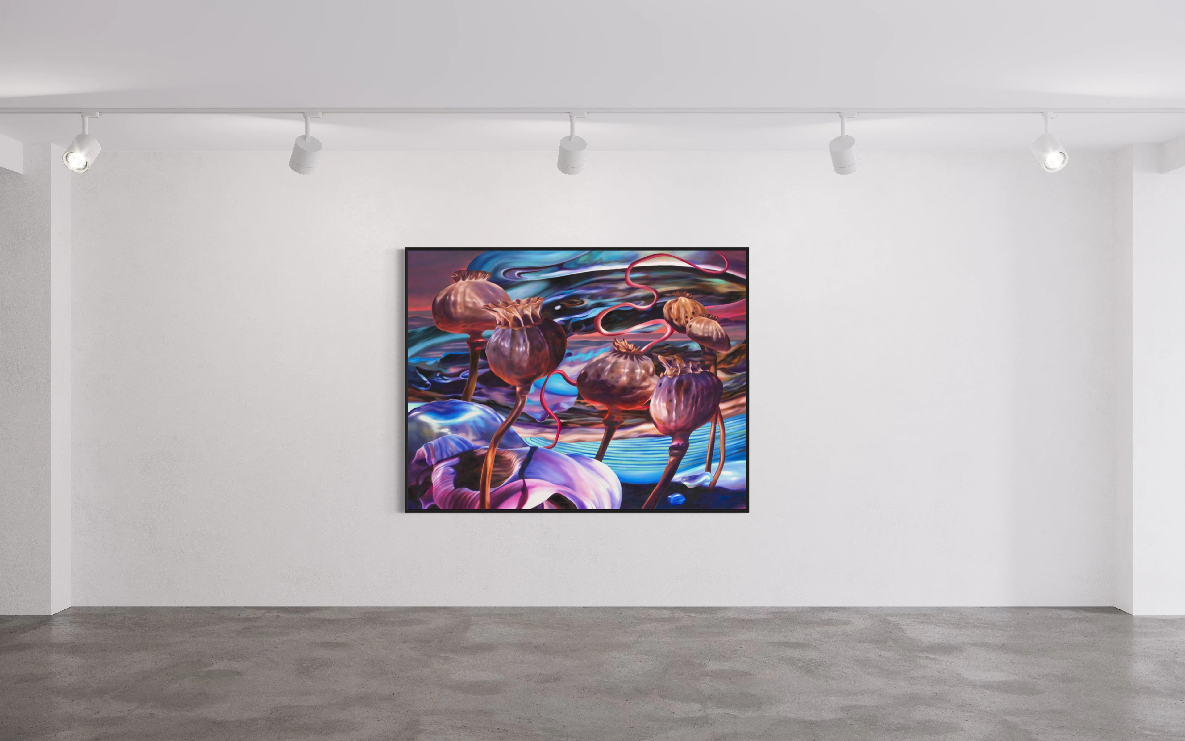 Hier sehen wir das Kunstwerk "Campagne II" als Raumansicht in der Technik "Öl auf Leinwand" aus dem Jahr 2023 der Leipziger Künstlerin Philippa Brück, vertreten durch die zeitgenössische Hamburger Kunstgalerie "Galerie von Wegen" im Levantehaus in den Mönckebergstraße 7. 