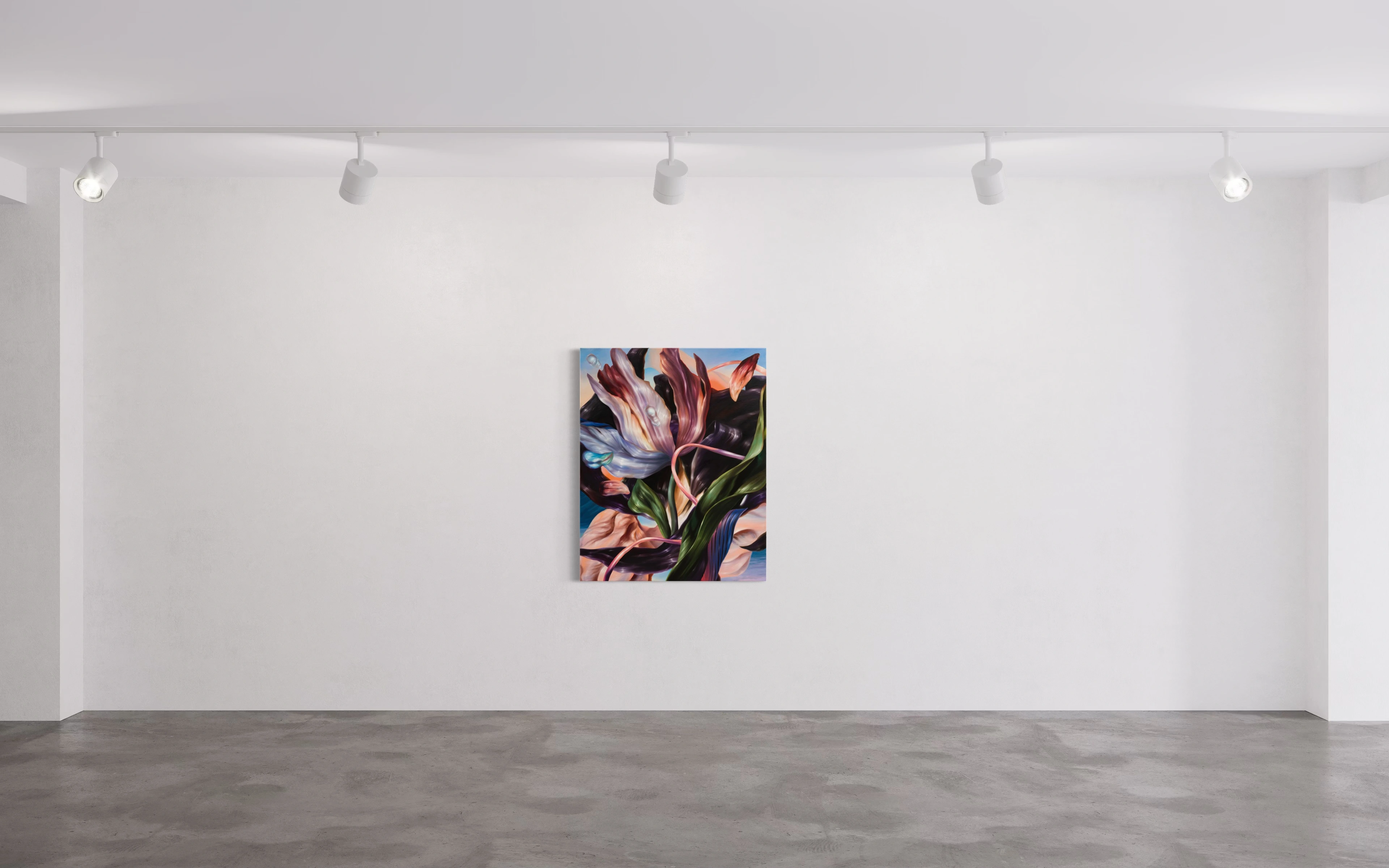 Hier sehen wir das Kunstwerk "Orange Setting" als Raumansicht in der Technik "Öl auf Leinwand" aus dem Jahr 2024 der Leipziger Künstlerin Philippa Brück, vertreten durch die zeitgenössische Hamburger Kunstgalerie "Galerie von Wegen" im Levantehaus in den Mönckebergstraße 7. 
