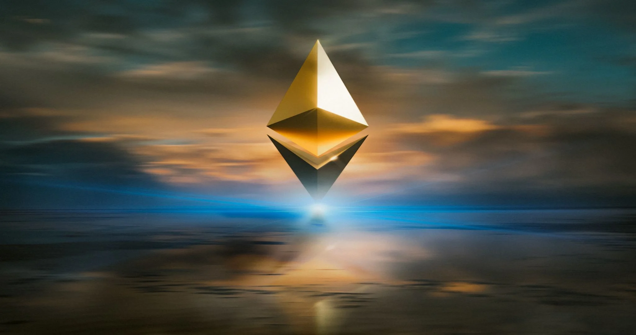 An Ethereum logo floating over a vaporwave-y ocean before a mysterious horizon of possibility. Source: Zoltan Tasi / Unsplash