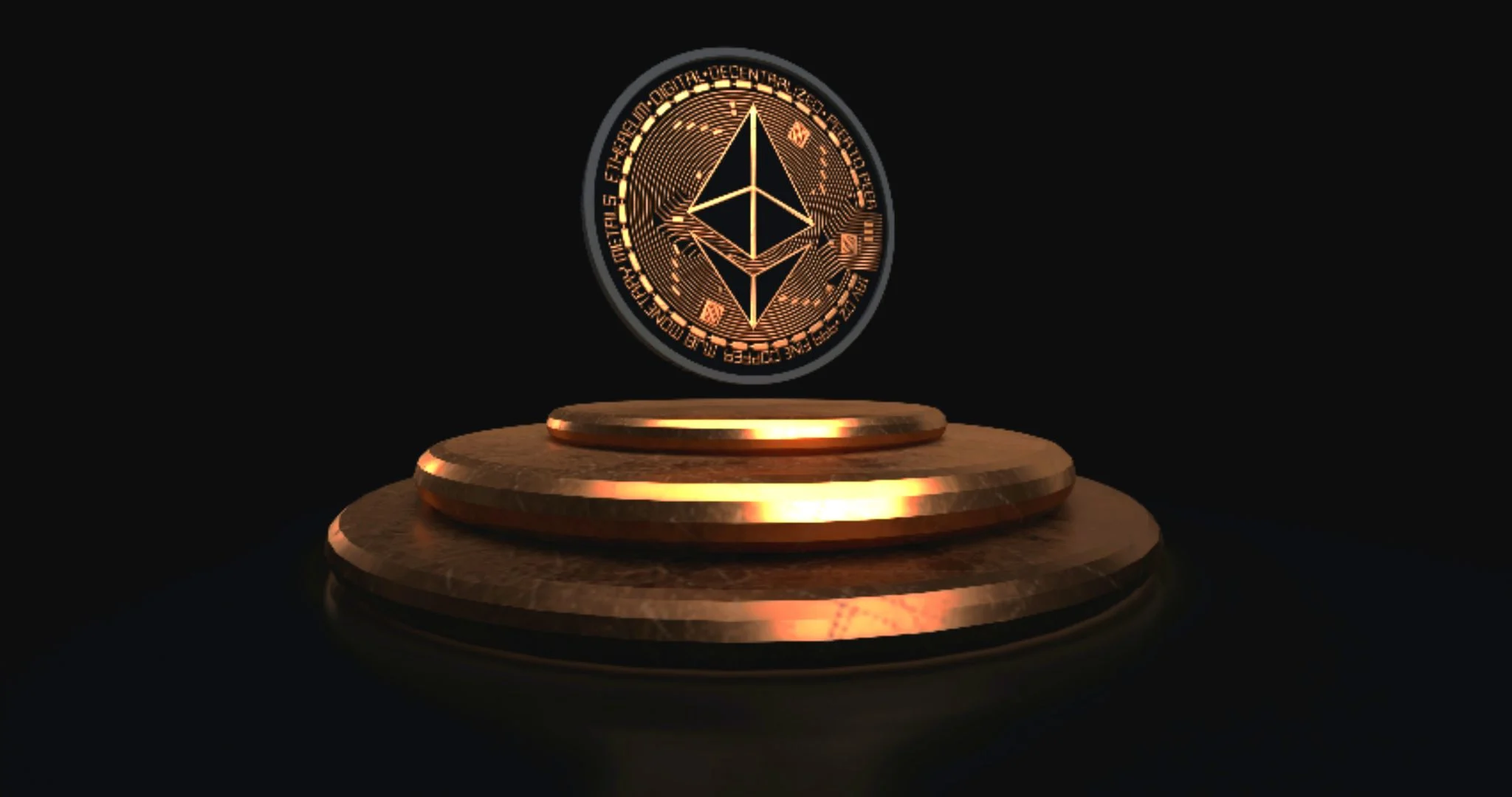 An Ethereum coin floating above a pedestal. Source: Bastian Riccardi / Unsplash