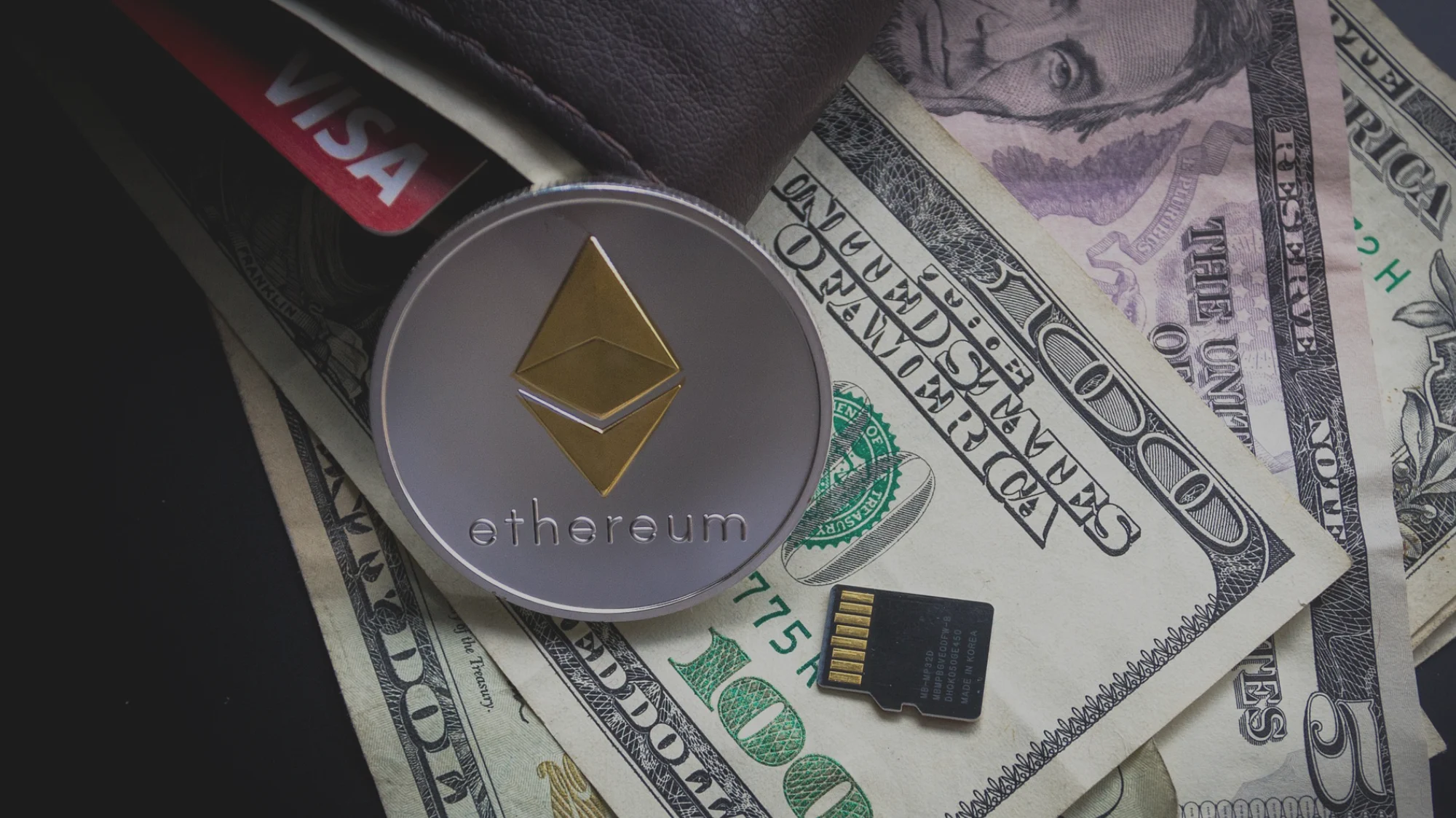 Ethereum logo on a pipe of money