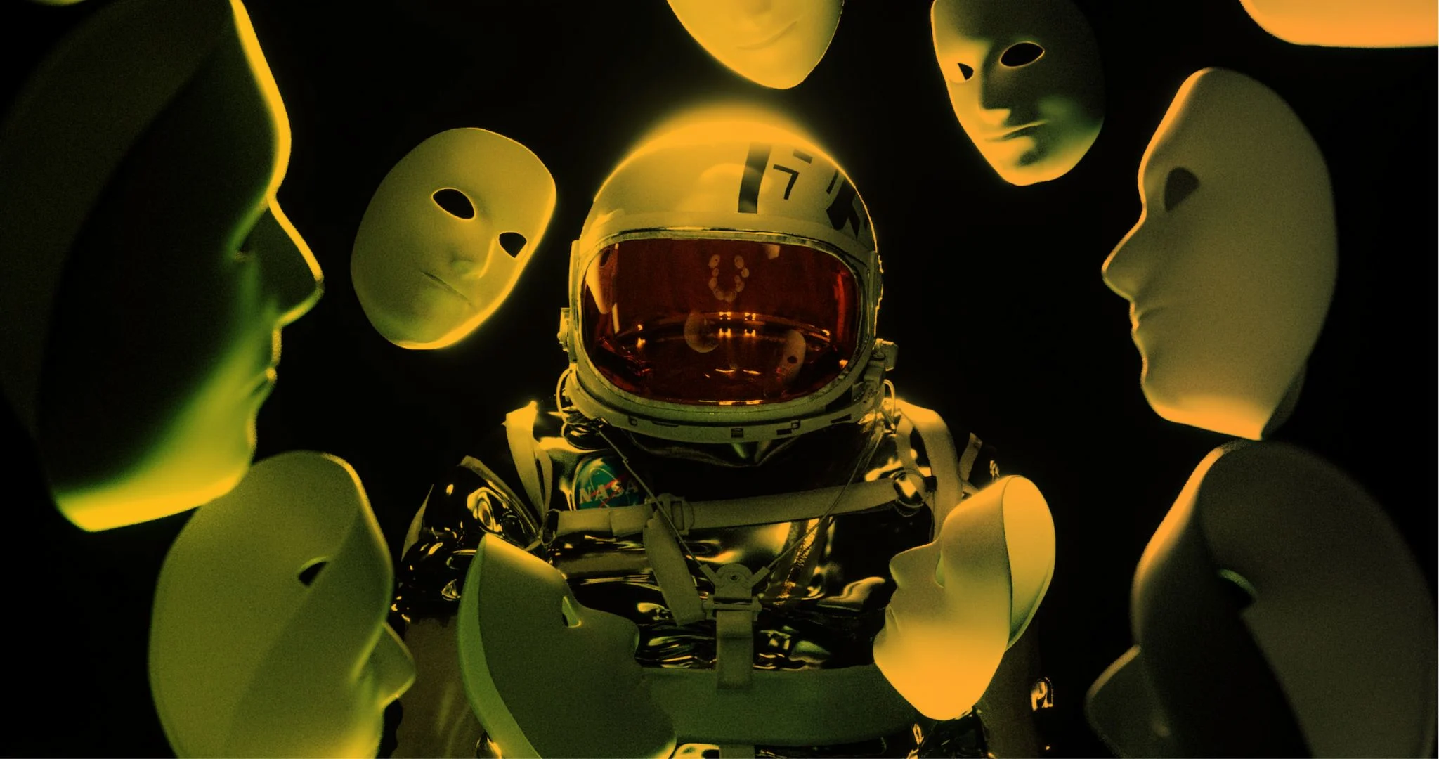 An astronaut amidst leering masks floating in an ominous abyss.