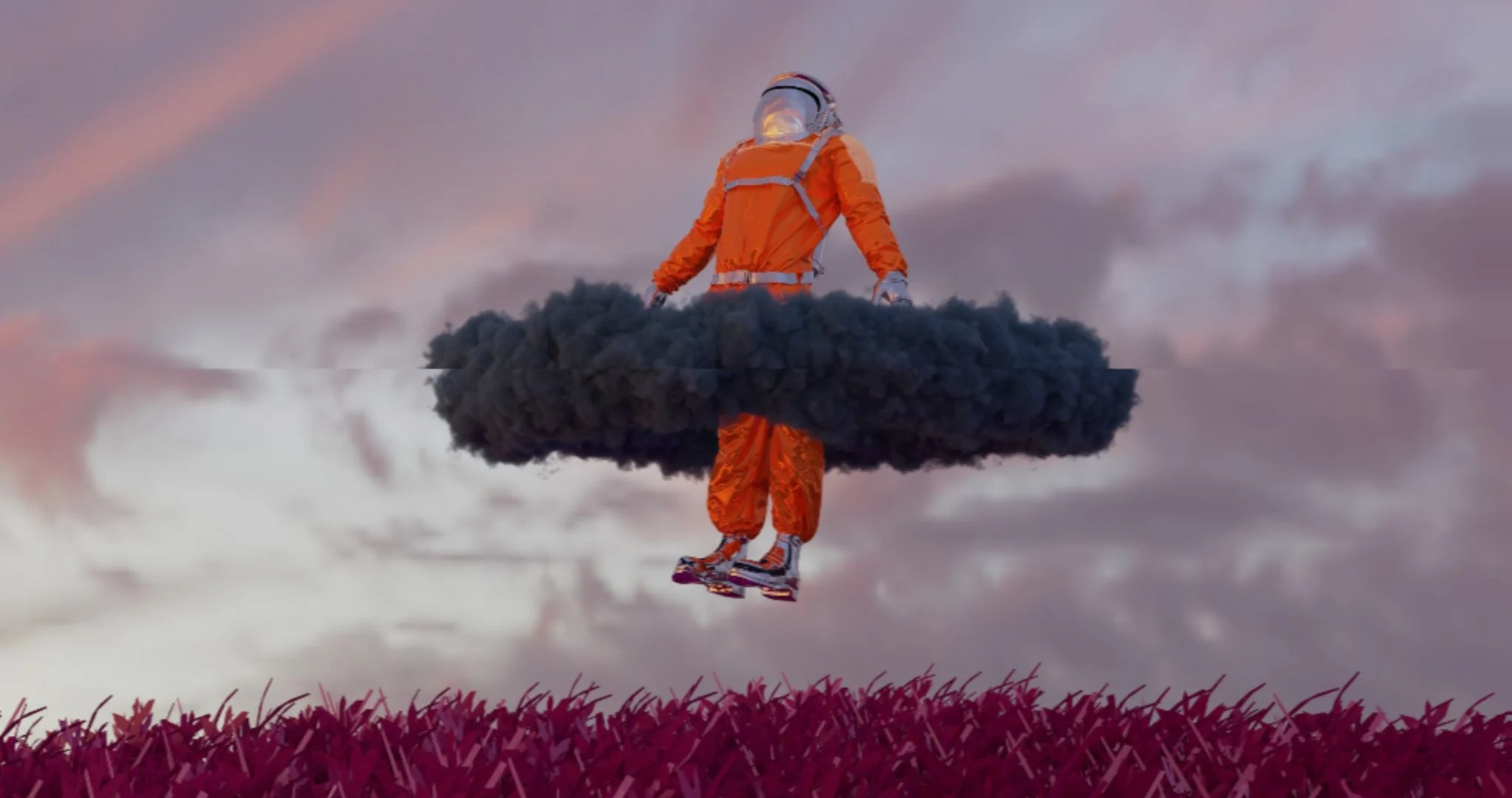 A digital hill of red grass, with an astronaut suit stuck in a black cloud, and the sky in the background. Source: Sharan Pagadala / Unsplash