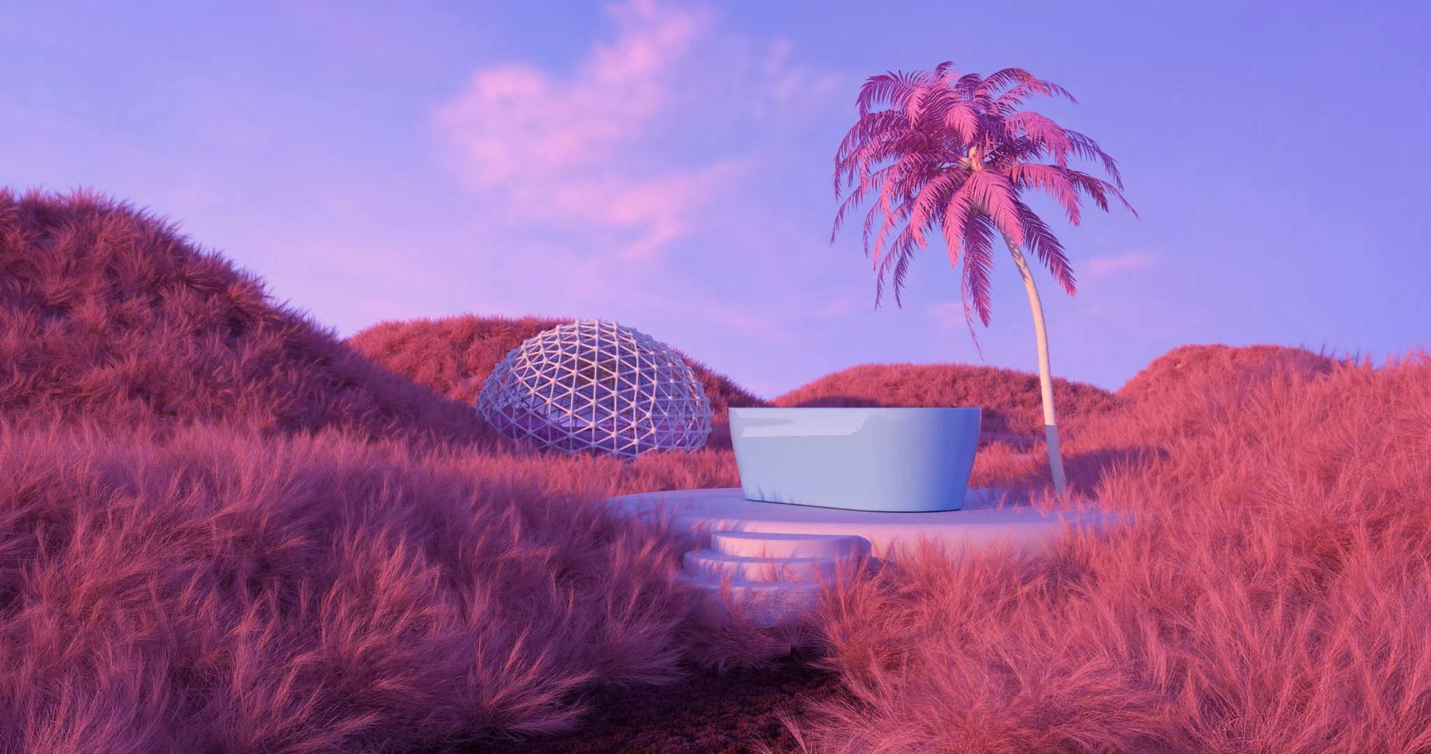 A digital scene with a pink palm tree, bathtub, and spherical grid in the ground. Source: Mo / Unsplash