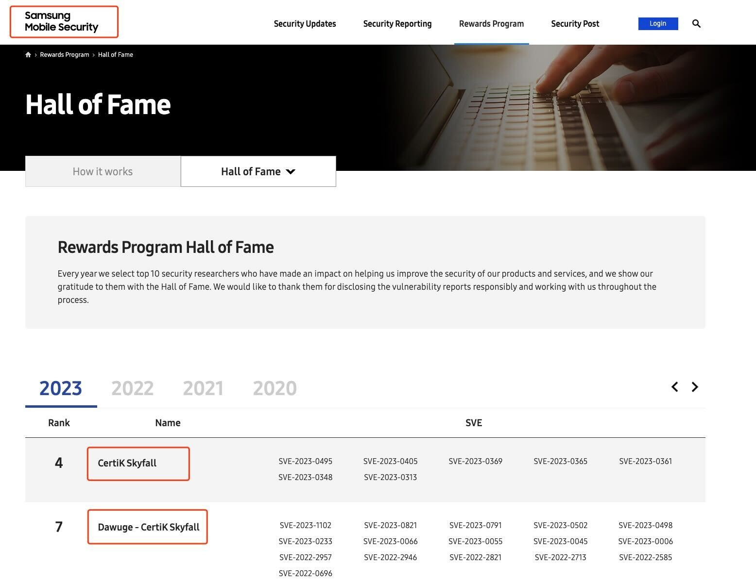 Samsung Mobile Security Hall of Fame Recognition