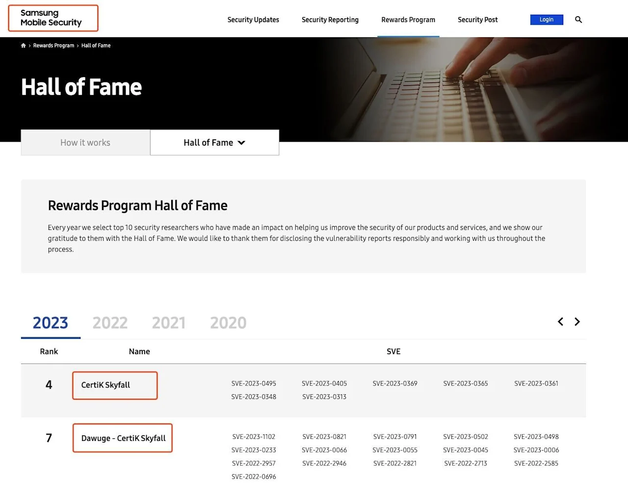 Samsung Mobile Security Hall of Fame Recognition